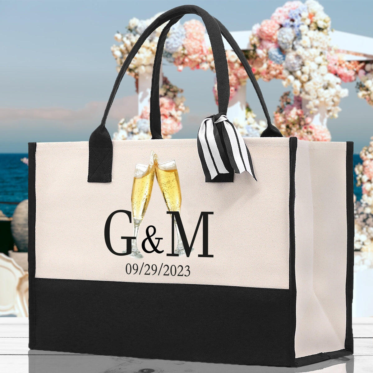 Initials and Date Customized Tote Bag 100% Cotton Canvas and Chic Personalized Tote Bag for Bridesmaid Anniversary Wedding Day Gift - Aaria Tees
