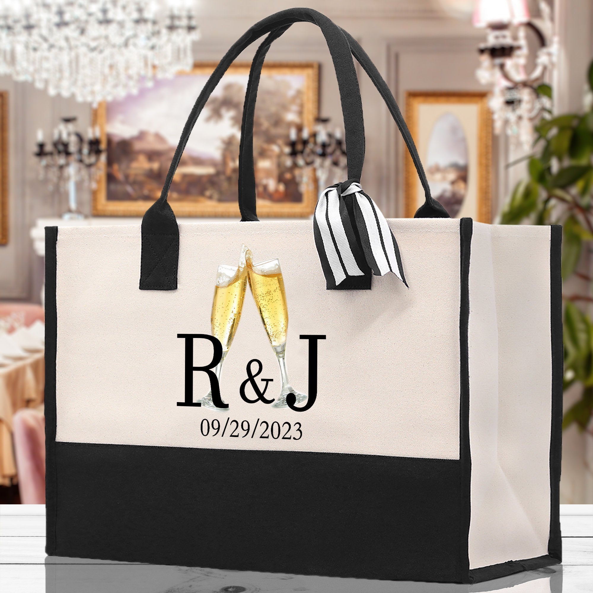 Initials and Date Customized Tote Bag 100% Cotton Canvas and Chic Personalized Tote Bag for Bridesmaid Anniversary Wedding Day Gift - Aaria Tees Aaria Tees