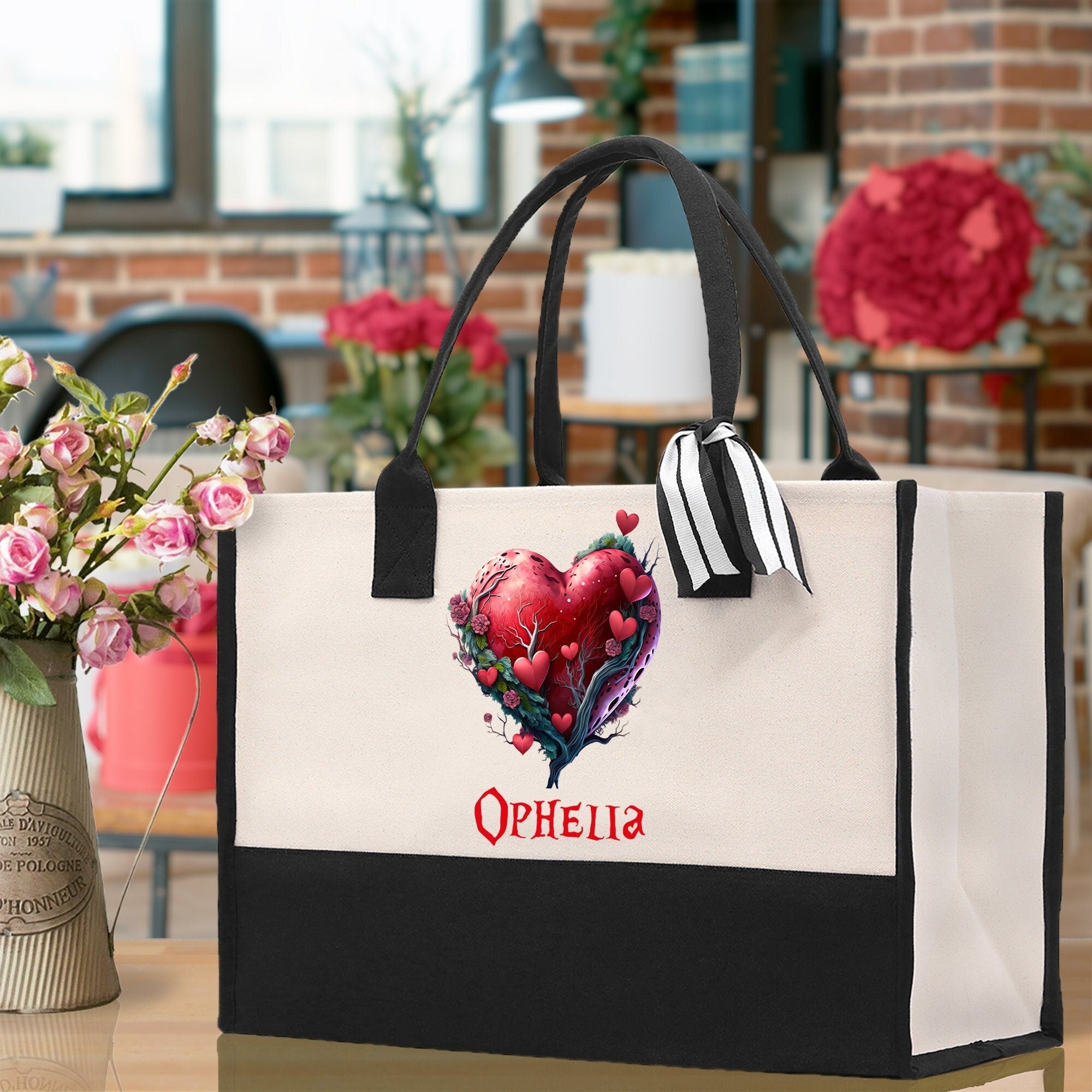 Personalized Heart Canvas Tote Bag Happy Valentines Day Gift Love Tote Bag Customize Lovers Gift Mother Day Gift Cute Valentines Gift - Aaria Tees Aaria Tees