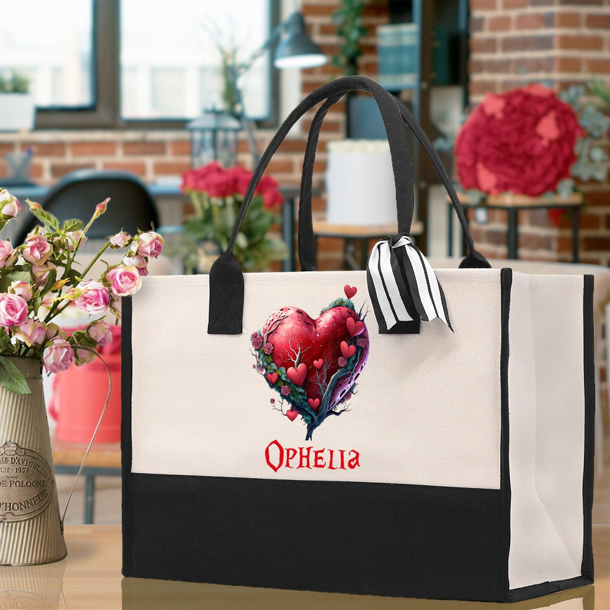 Personalized Heart Canvas Tote Bag Happy Valentines Day Gift Love Tote Bag Customize Lovers Gift Mother Day Gift Cute Valentines Gift - Aaria Tees