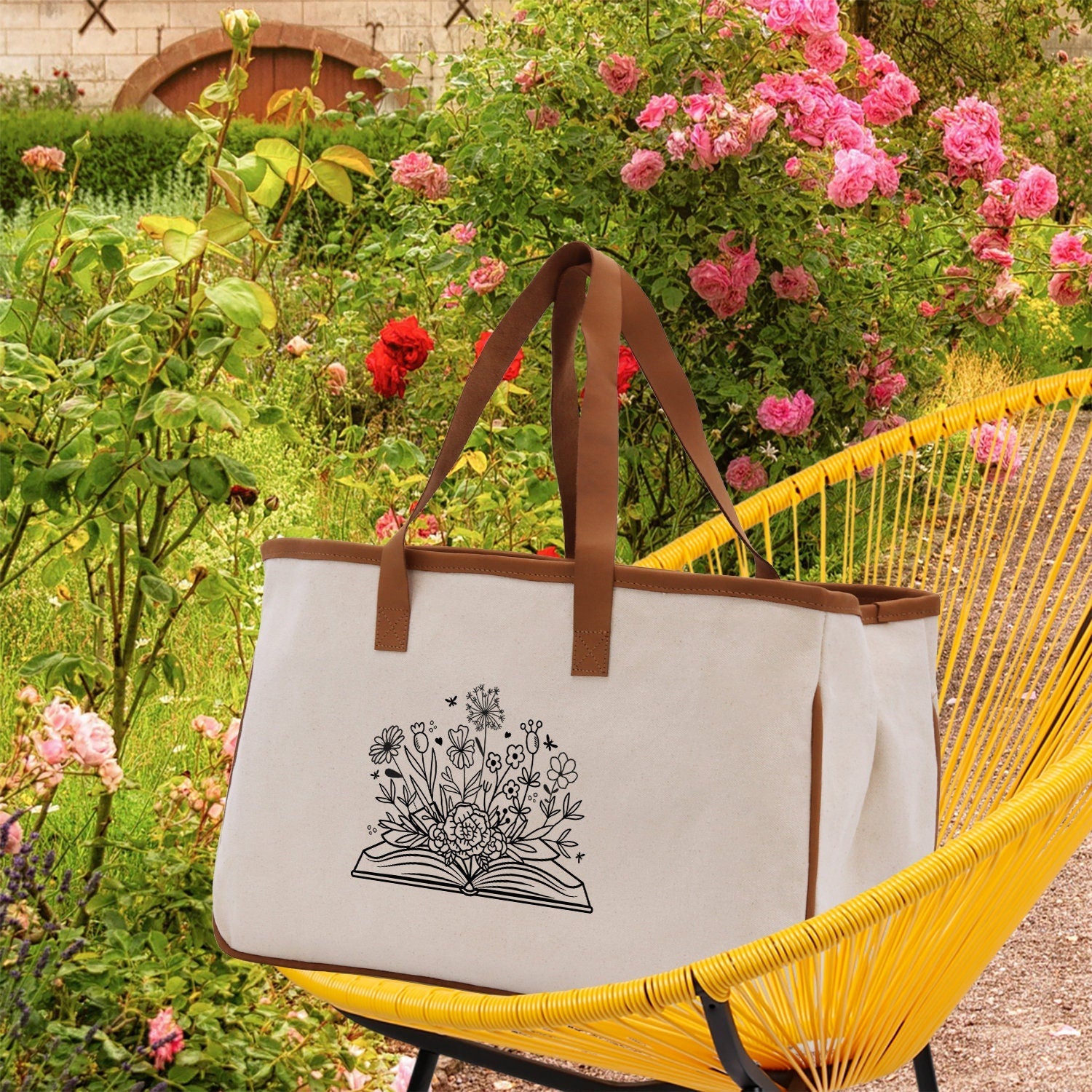Floral Book Tote Bag Graduation Gift Library Tote School Bag Book worm Bookish Tote Wildflower Book Lover Gift Reader Bloom Canvas Tote - Aaria Tees Aaria Tees