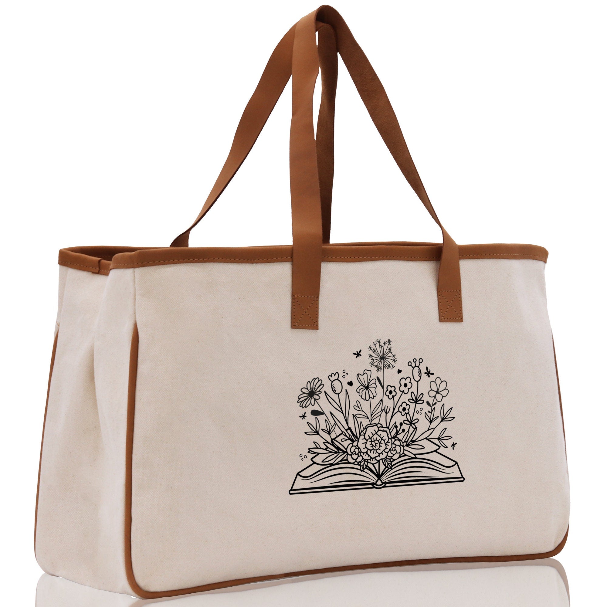 Floral Book Tote Bag Graduation Gift Library Tote School Bag Book worm Bookish Tote Wildflower Book Lover Gift Reader Bloom Canvas Tote - Aaria Tees Aaria Tees