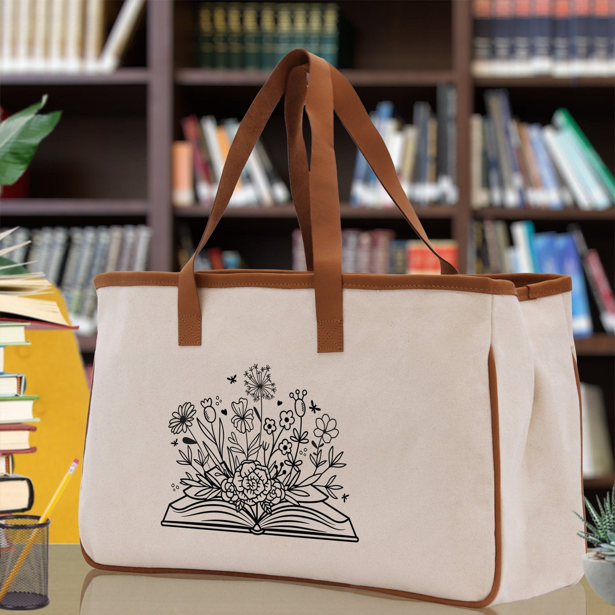 Floral Book Tote Bag Graduation Gift Library Tote School Bag Book worm Bookish Tote Wildflower Book Lover Gift Reader Bloom Canvas Tote - Aaria Tees