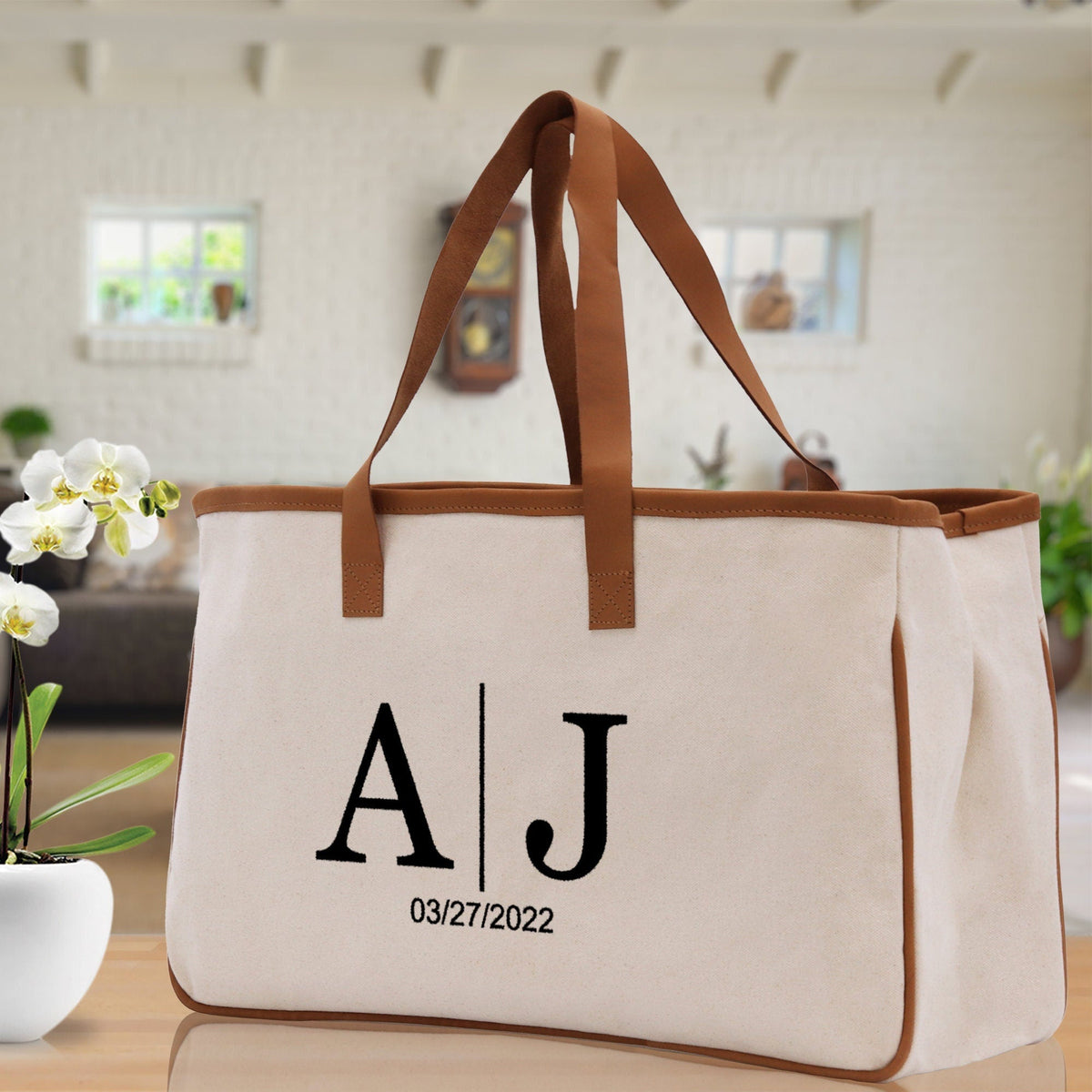 Initials and Date Customized Embroidered Tote Bag 100% Cotton Canvas and Chic Personalized Tote Bag for Bridesmaid Anniversary Wedding Day - Aaria Tees