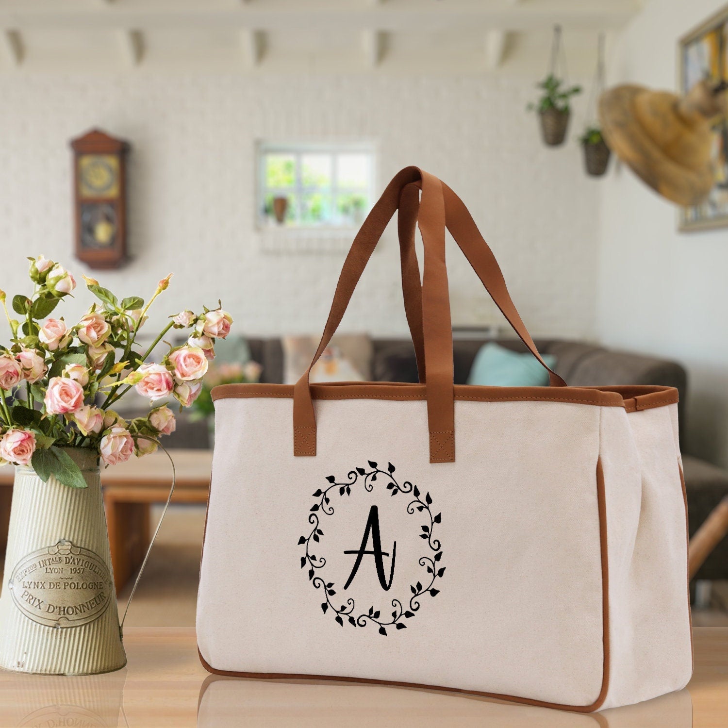 Monogram Beach Canvas Tote Bag Initial Tote Bag Letter Tote Bag Birthday Gift Personalized Tote Bag Personalized Beach Bag Monogrammed Bag - Aaria Tees Aaria Tees