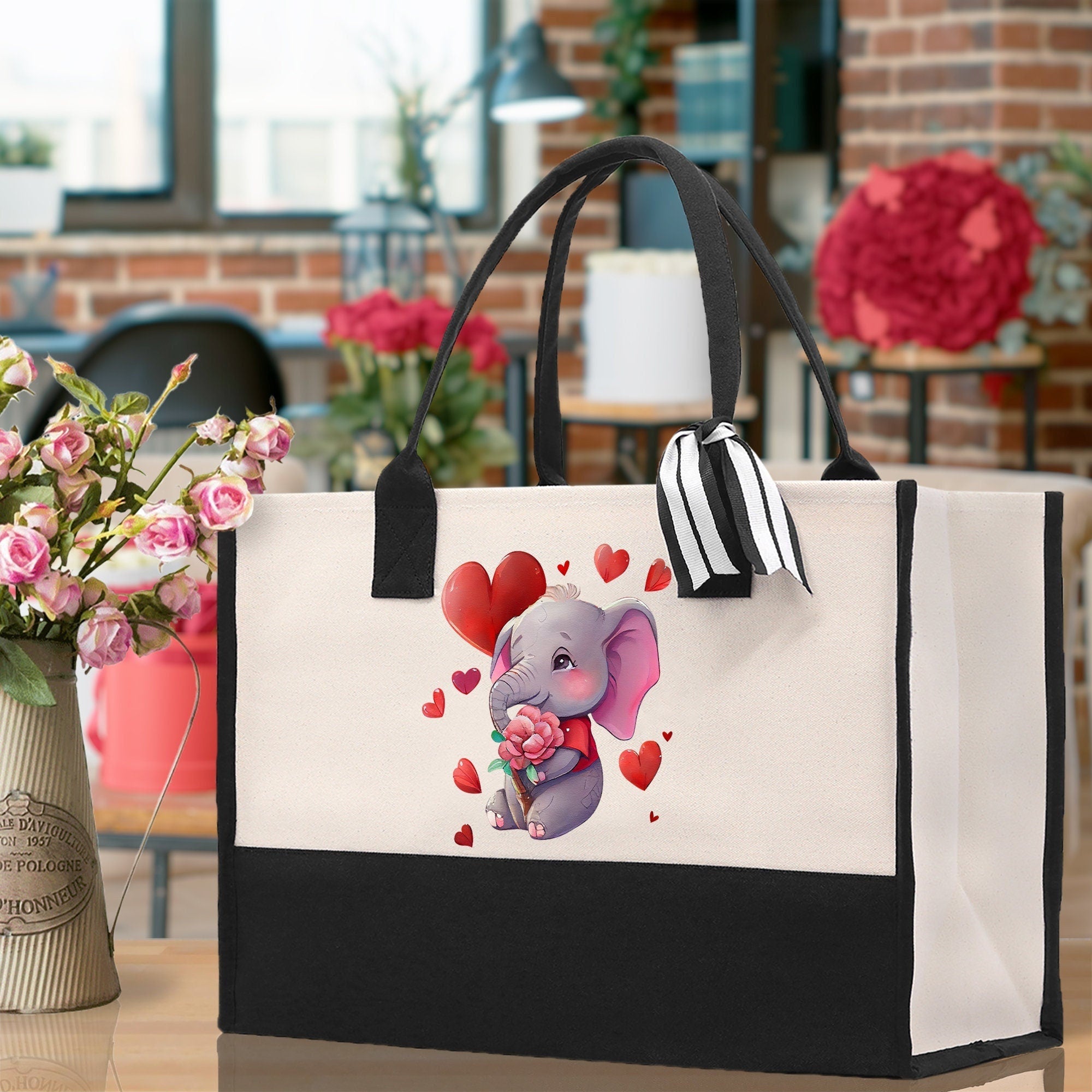 Cute Elephant Heart Valentine's day gifts for her True Love Tote Bag  Custom Gift Bag Valentine Elephant TMC-L-VD1001 - Aaria Tees Aaria Tees