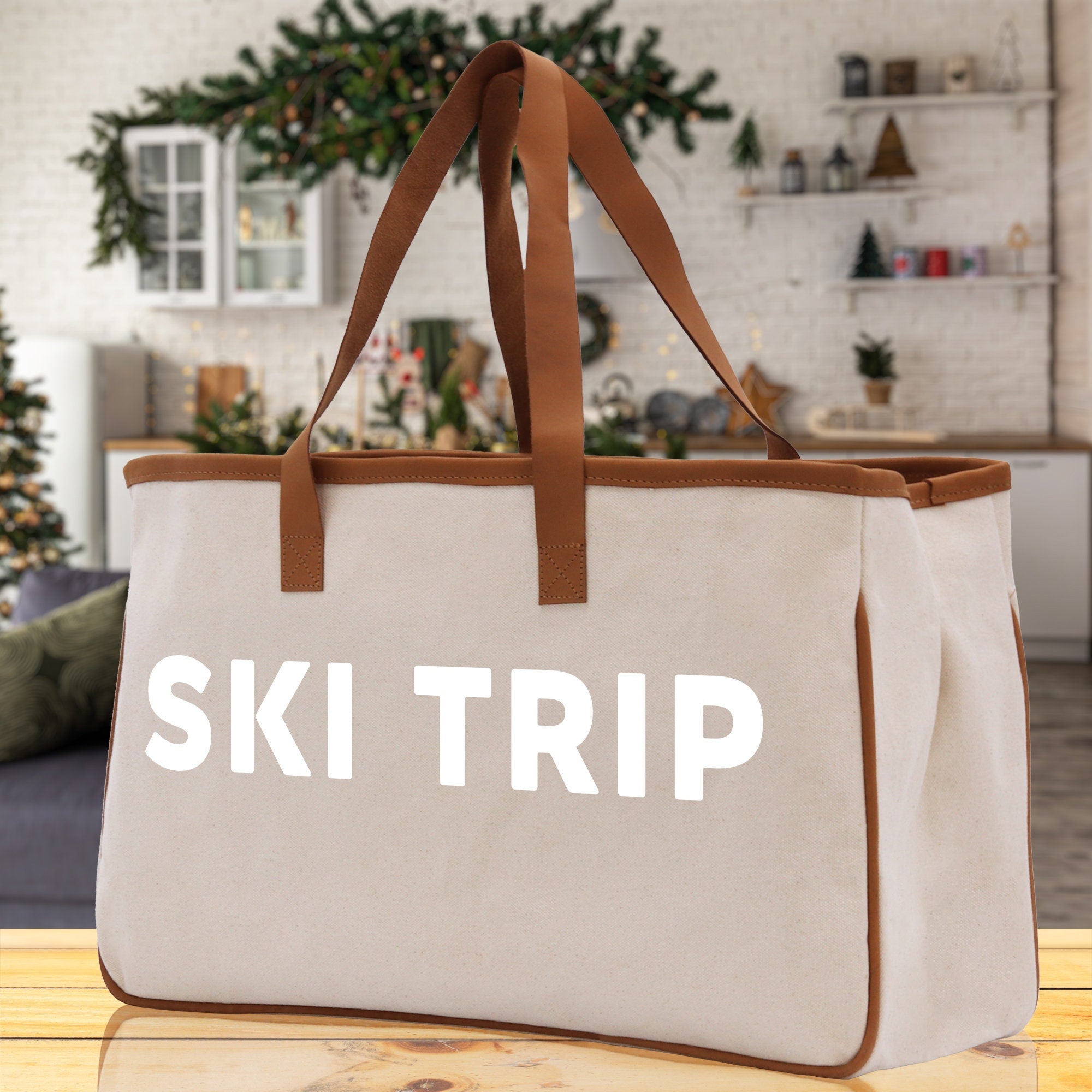 Ski Trip Cotton Canvas Chic Beach Tote Bag Multipurpose Tote Weekender Tote Gift for Her Outdoor Tote Vacation Tote Large Beach Bag - Aaria Tees Aaria Tees