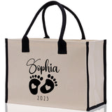 Baby Feet Personalized Name and Date Tote Bag for New Mom Pregnant Mom Shower Gift Baby Footprints Labor & Delivery Chick Tote Carrying Bag - Aaria Tees Aaria Tees