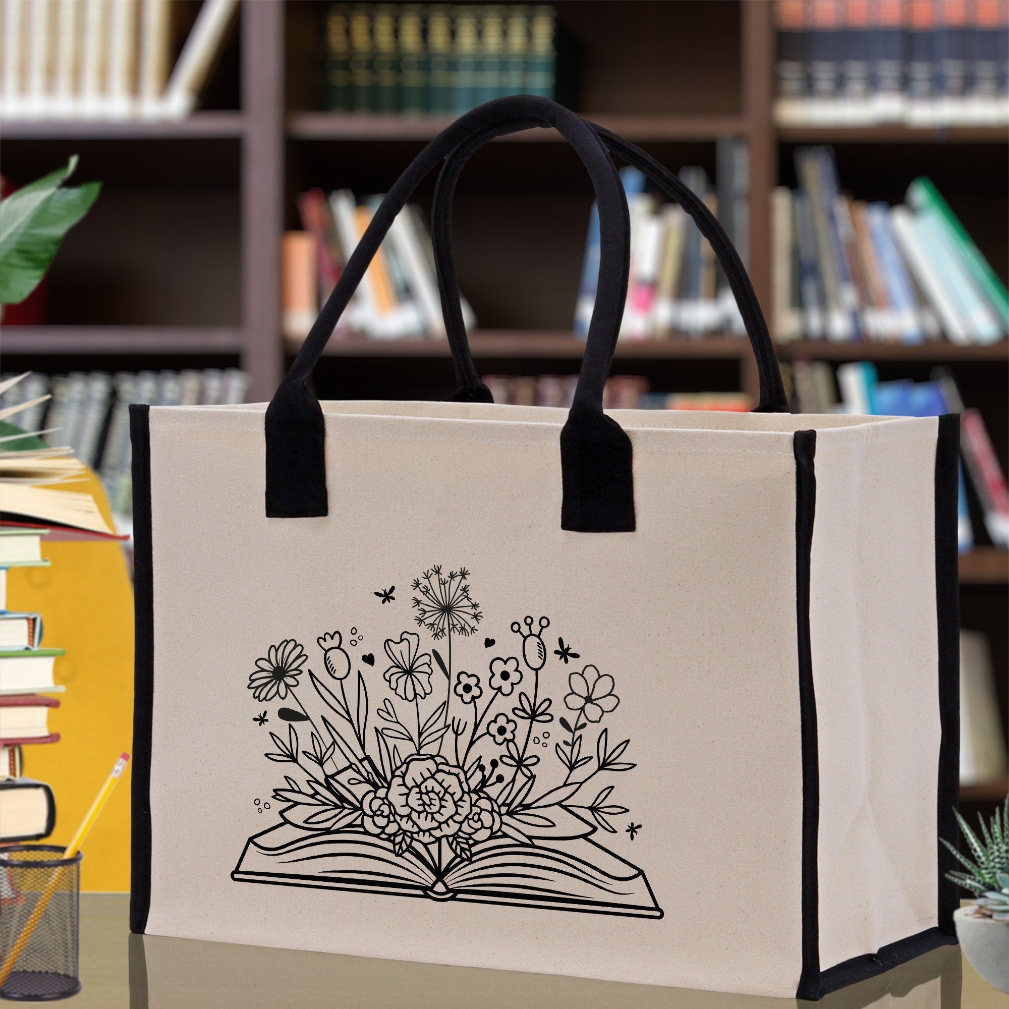 Floral Book Tote Bag Graduation Gift Library Tote School Bag Book worm Bookish Tote Wildflower Book Lover Gift Reader Bloom Canvas Tote - Aaria Tees Aaria Tees