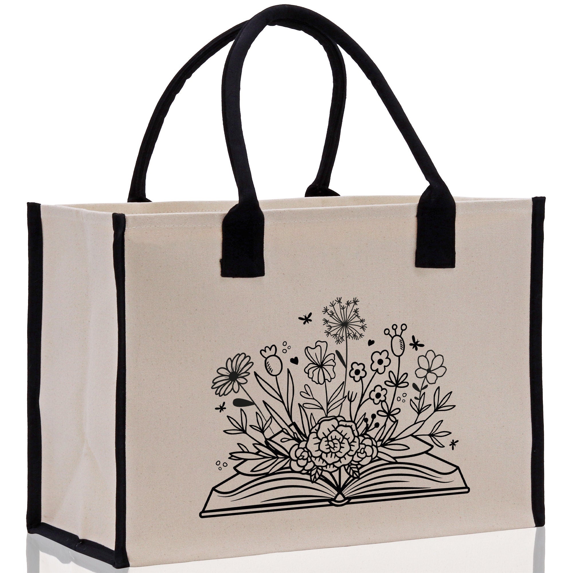 Floral Book Tote Bag Graduation Gift Library Tote School Bag Book worm Bookish Tote Wildflower Book Lover Gift Reader Bloom Canvas Tote - Aaria Tees Aaria Tees