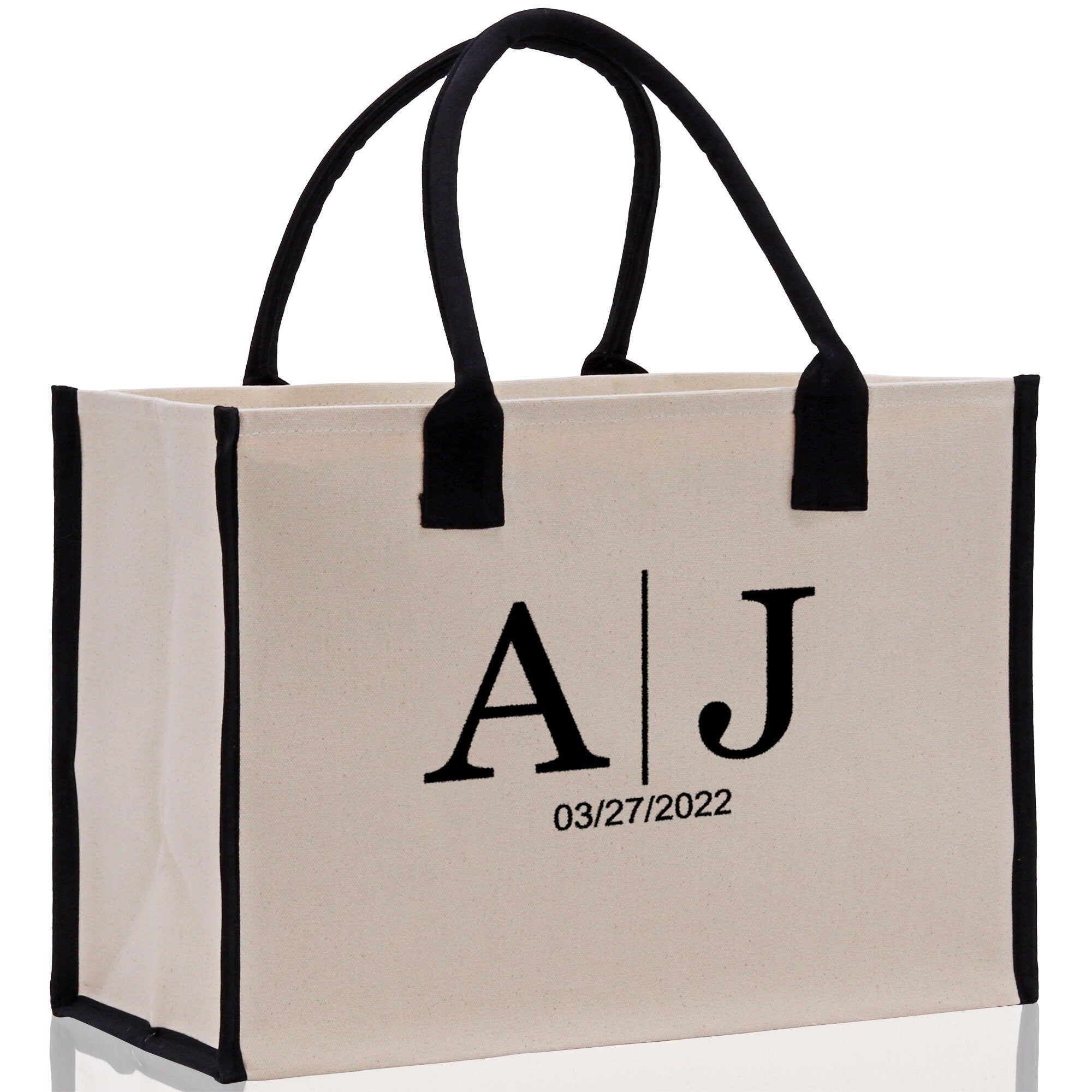 Initials and Date Customized Embroidered Tote Bag 100% Cotton Canvas and Chic Personalized Tote Bag for Bridesmaid Anniversary Wedding Day - Aaria Tees Aaria Tees