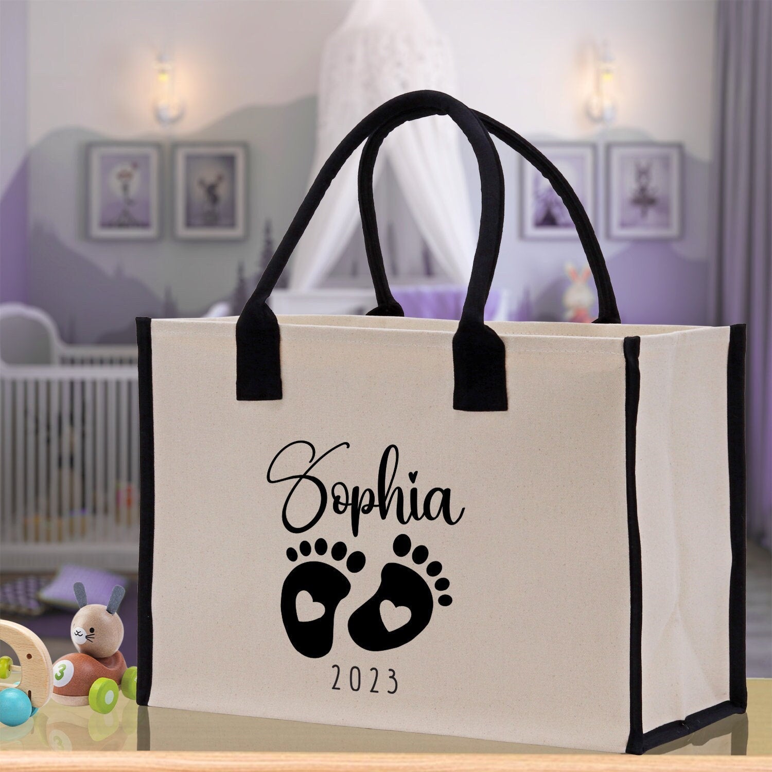Baby Feet Personalized Name and Date Tote Bag for New Mom Pregnant Mom Shower Gift Baby Footprints Labor & Delivery Chick Tote Carrying Bag - Aaria Tees Aaria Tees