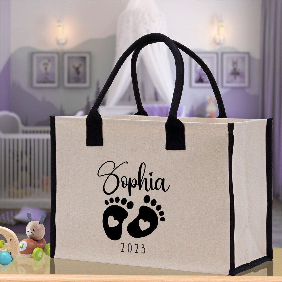 Baby Feet Personalized Name and Date Tote Bag for New Mom Pregnant Mom Shower Gift Baby Footprints Labor & Delivery Chick Tote Carrying Bag - Aaria Tees