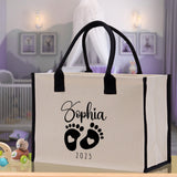 Baby Feet Personalized Name and Date Tote Bag for New Mom Pregnant Mom Shower Gift Baby Footprints Labor & Delivery Chick Tote Carrying Bag - Aaria Tees Aaria Tees
