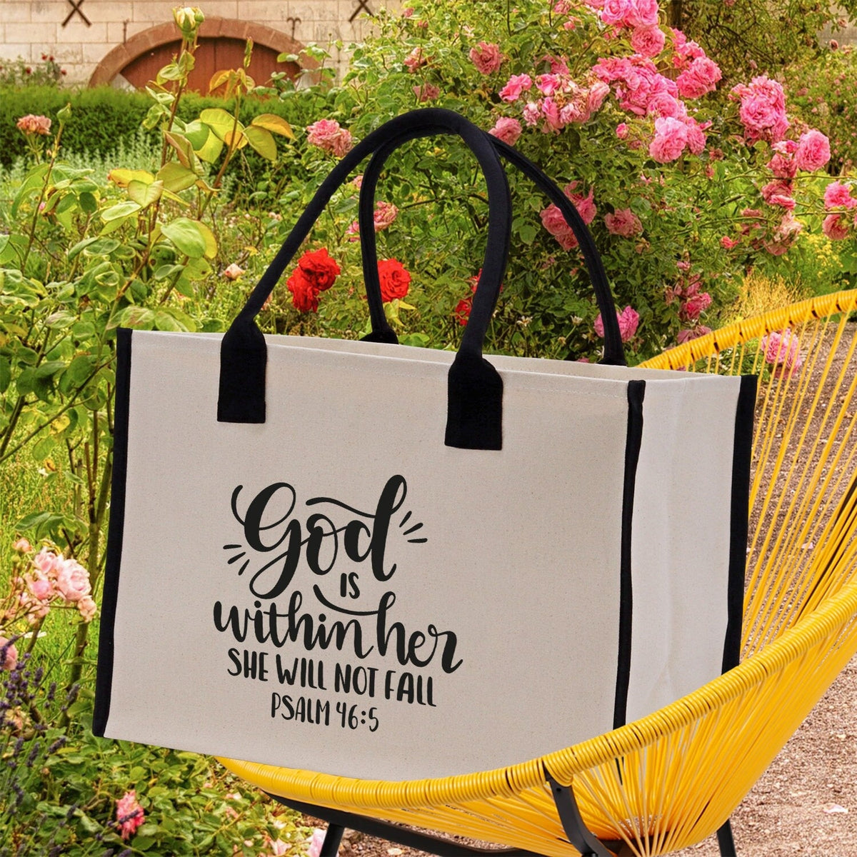 God is within her She will not fall PSALM 46:5 Religious Tote Bag for Women Bible Verse Canvas Tote Bag Religious Gifts Church Tote Bag - Aaria Tees