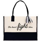 She Doesn't Fight Alone Canvas Tote Bag Birthday Gift for Her Weekender Tote Bag Beach Tote Bag Canvas Large Beach Tote Bag Chic Tote Bag - Aaria Tees Aaria Tees