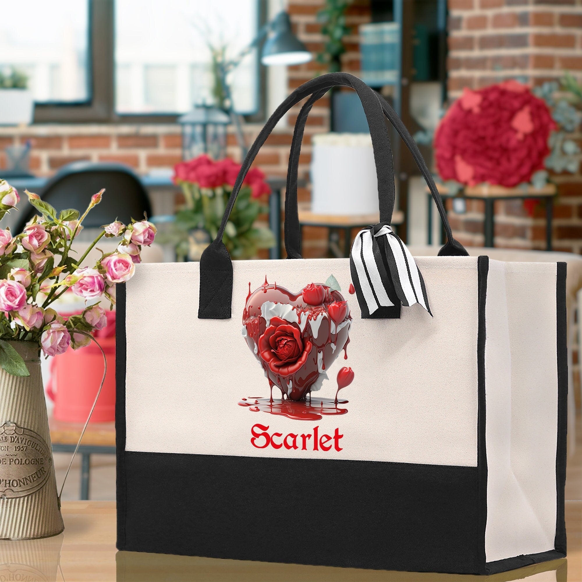 Personalized Heart Canvas Tote Bag Happy Valentines Day Gift Love Tote Bag Customize Lovers Gift Mother Day Gift Cute Valentines Gift - Aaria Tees Aaria Tees