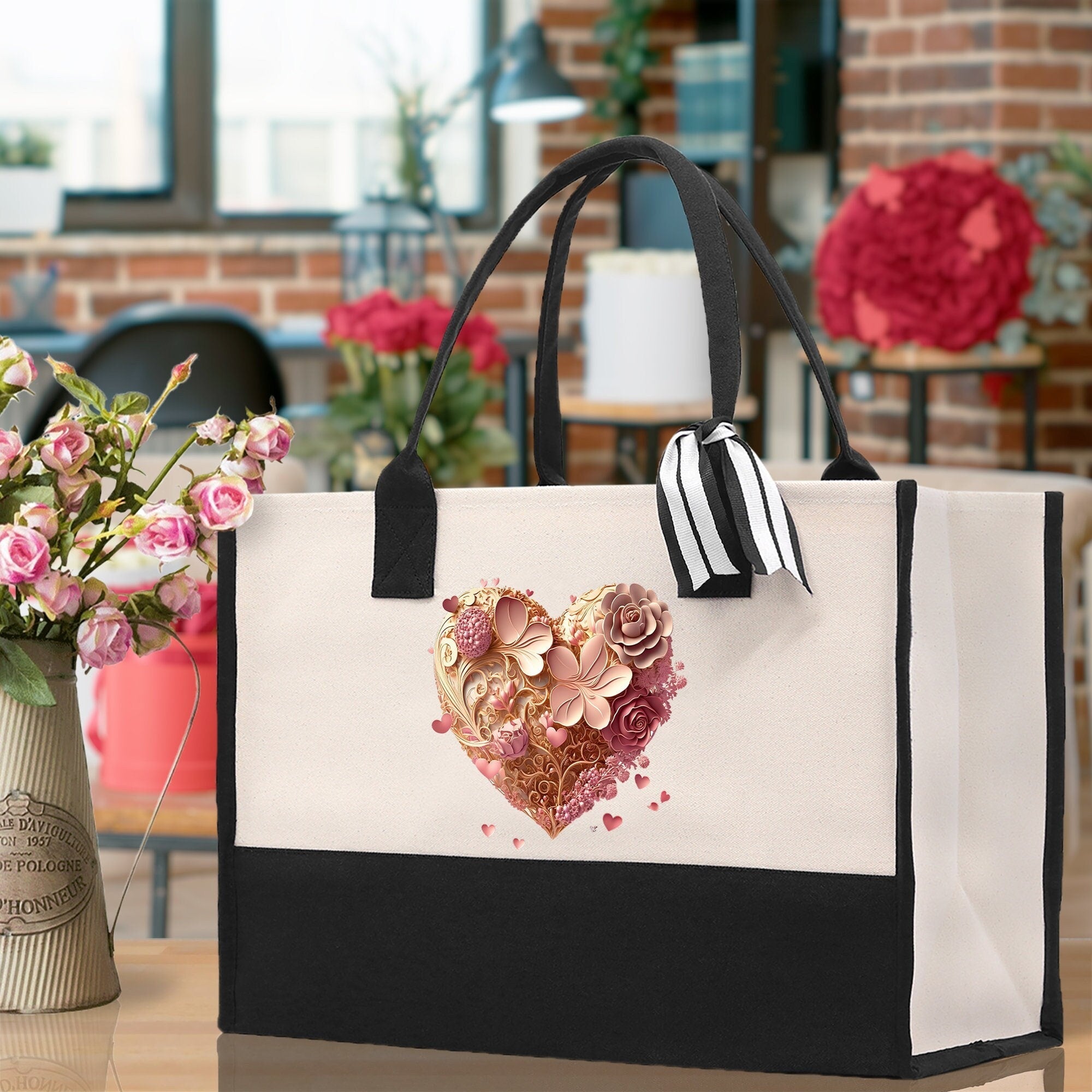 Heart Canvas Tote Bag Happy Valentines Day Gift for Her Love Tote Bag Lovers Gift Mother Day Gift Cute Valentines Gift - Aaria Tees Aaria Tees