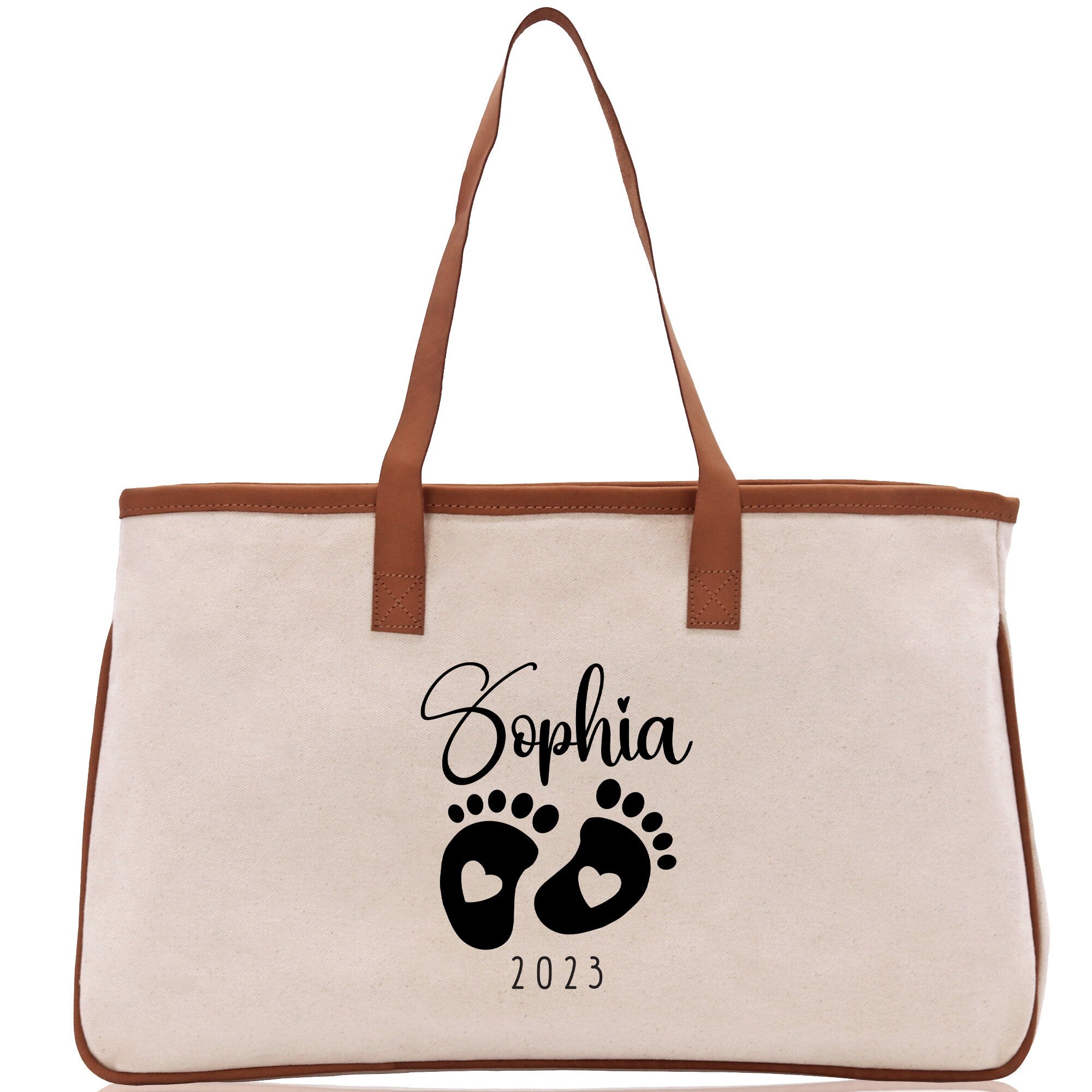 Baby Feet Personalized Name and Date Tote Bag for New Mom Pregnant Mom Shower Gift Baby Footprints Labor & Delivery Chick Tote Carrying Bag - Aaria Tees Aaria Tees