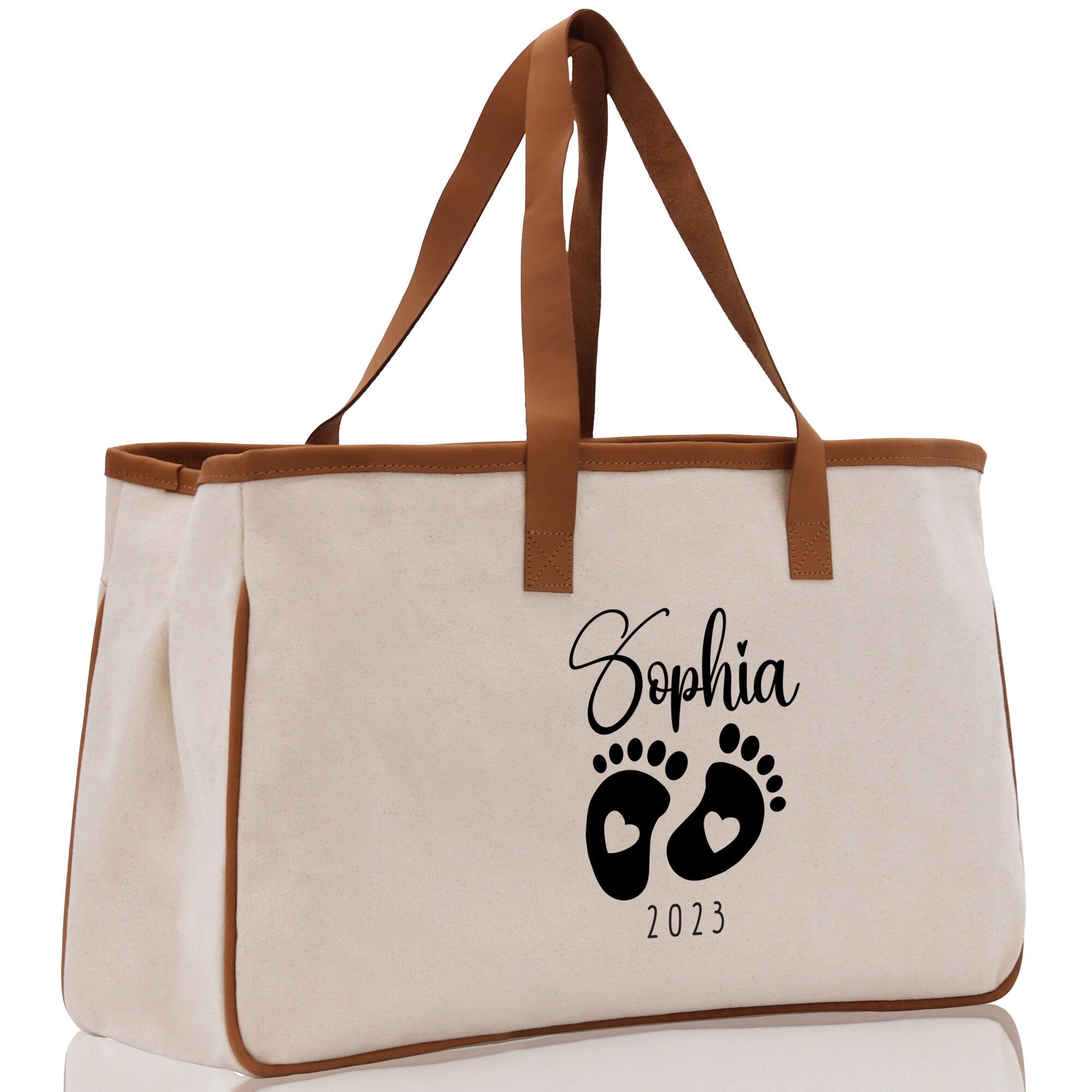 Baby Feet Personalized Name and Date Tote Bag for New Mom Pregnant Mom Shower Gift Baby Footprints Labor & Delivery Chick Tote Carrying Bag - Aaria Tees Aaria Tees
