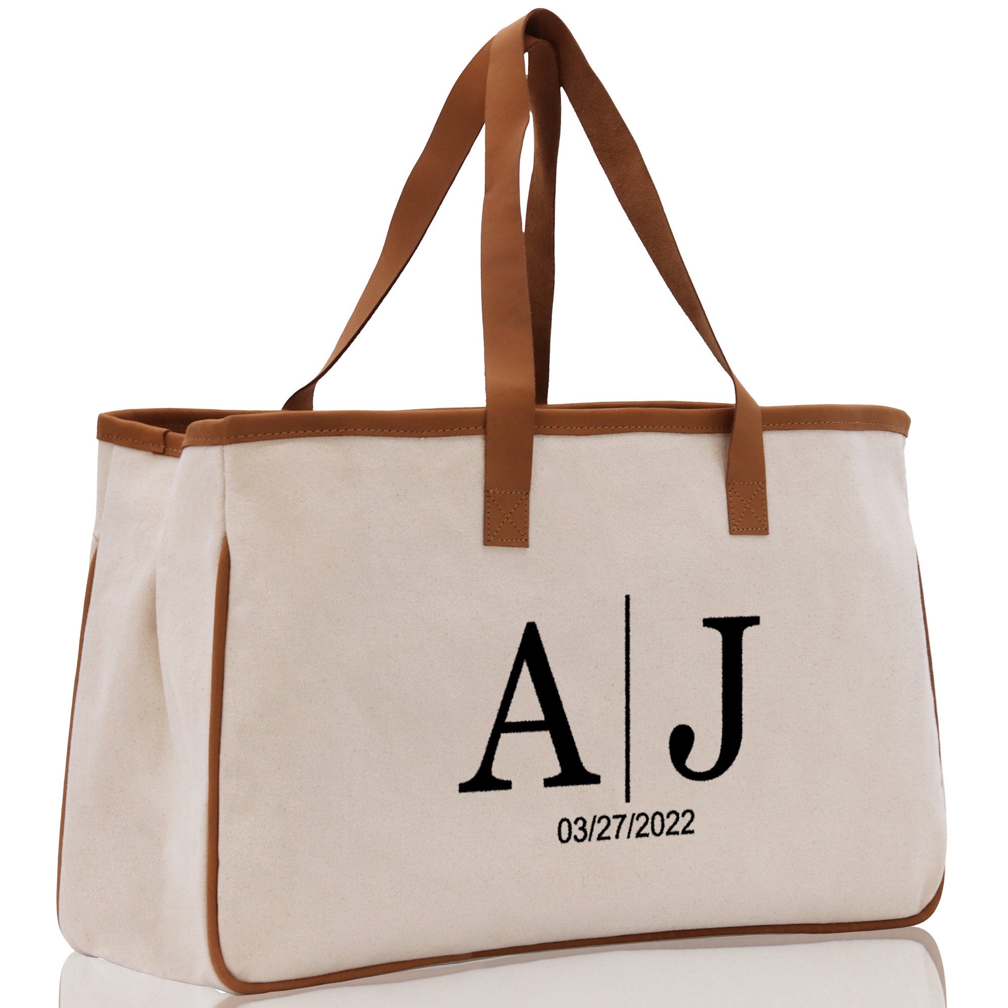 Initials and Date Customized Embroidered Tote Bag 100% Cotton Canvas and Chic Personalized Tote Bag for Bridesmaid Anniversary Wedding Day - Aaria Tees Aaria Tees