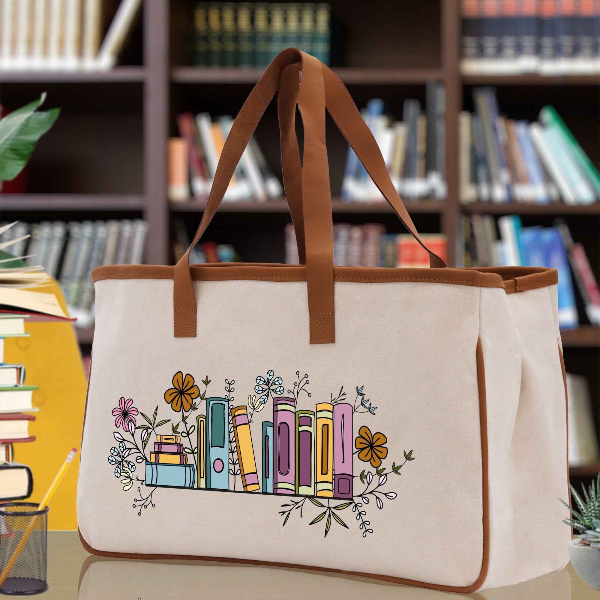 Floral Book Tote Bag Graduation Gift Library Tote School Bag Book worm Bookish Tote Wildflower Book Lover Gift Reader Bloom Canvas Tote - Aaria Tees Aaria Tees