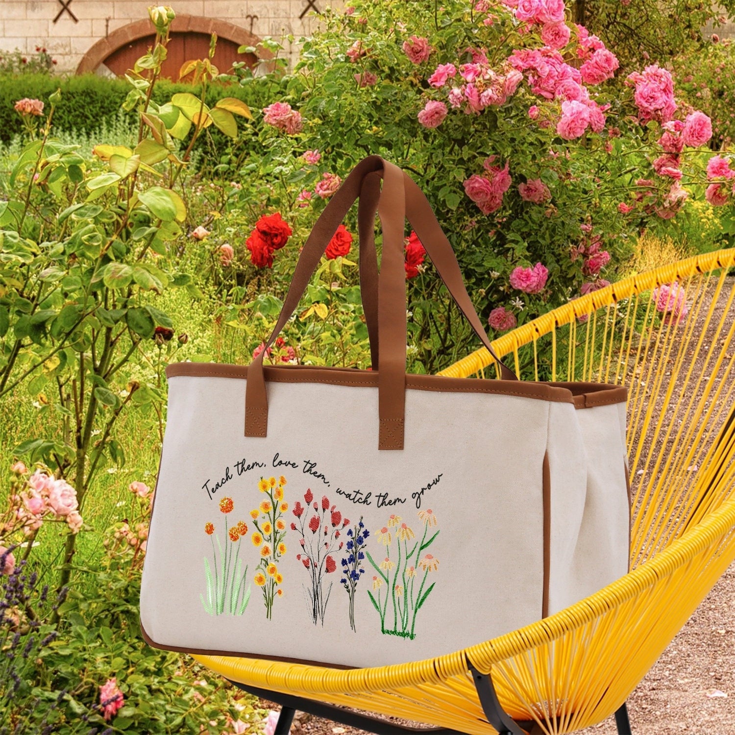 Teacher Floral Tote Bag Teacher Wildflower Graphic Tote Teacher Life Tote Bag Teacher Flower Bag Gift for Teacher Wildflower Book Bag - Aaria Tees Aaria Tees