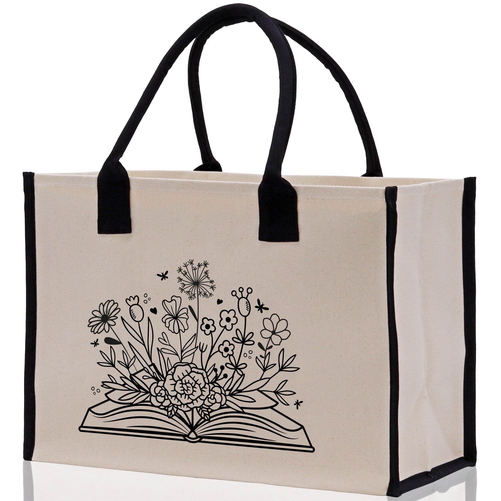 Floral Book Tote Bag Graduation Gift Library Tote School Bag Book worm Bookish Tote Wildflower Book Lover Gift Reader Bloom Canvas Tote - Aaria Tees Aaria Tees