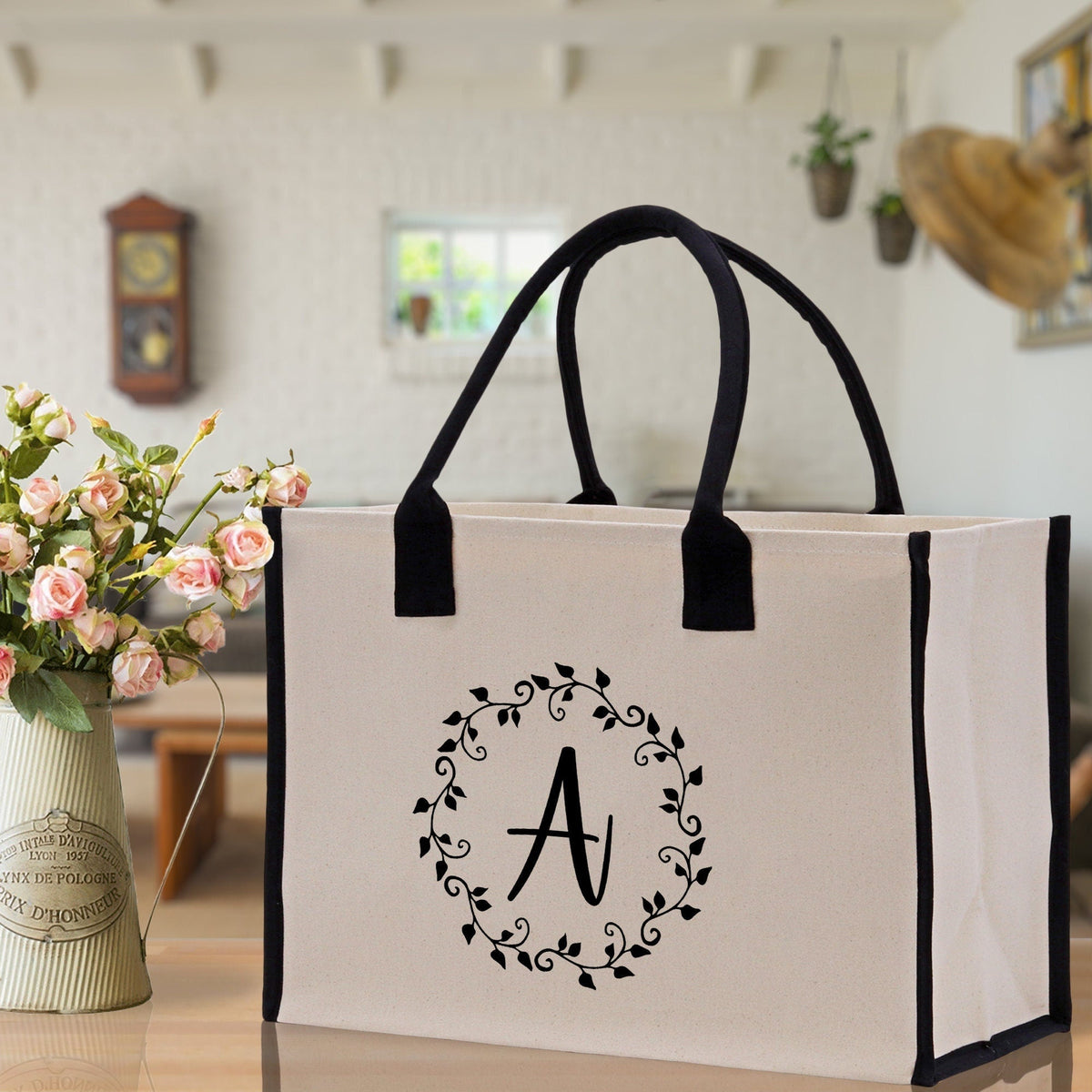 Monogram Beach Canvas Tote Bag Initial Tote Bag Letter Tote Bag Birthday Gift Personalized Tote Bag Personalized Beach Bag Monogrammed Bag - Aaria Tees