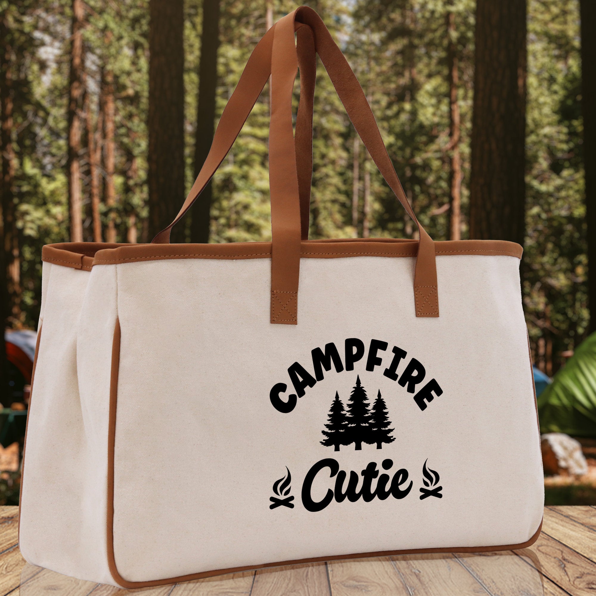 Campfire Cutie Cotton Canvas Chic Tote Bag Camping Tote Camping Lover Gift Tote Bag Outdoor Tote Weekender Tote Camper Multipurpose Tote - Aaria Tees Aaria Tees
