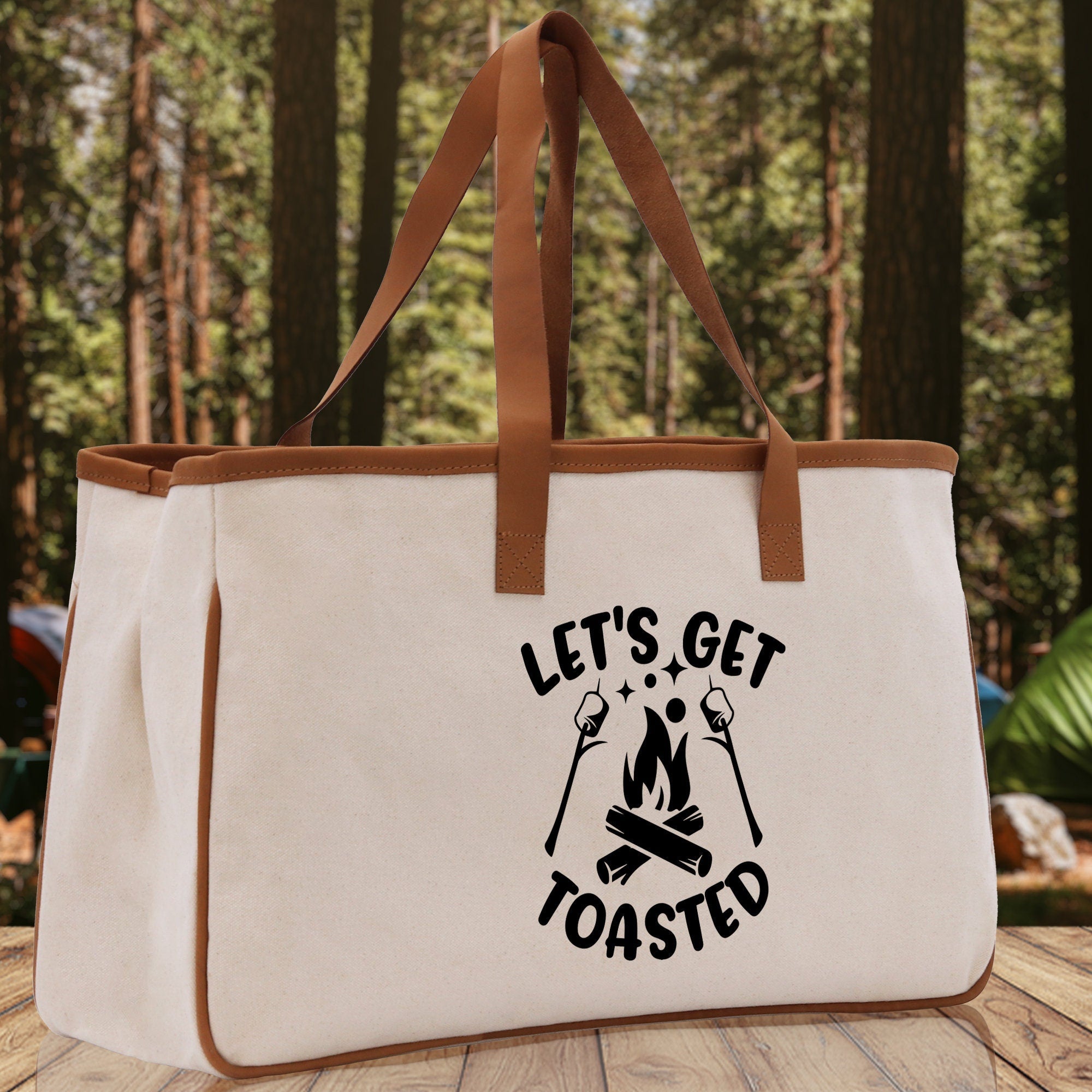 Let's Get Toasted Cotton Canvas Chic Tote Bag Camping Tote Camping Lover Gift Tote Bag Outdoor Tote Multipurpose Weekender Tote Camper Tote - Aaria Tees Aaria Tees