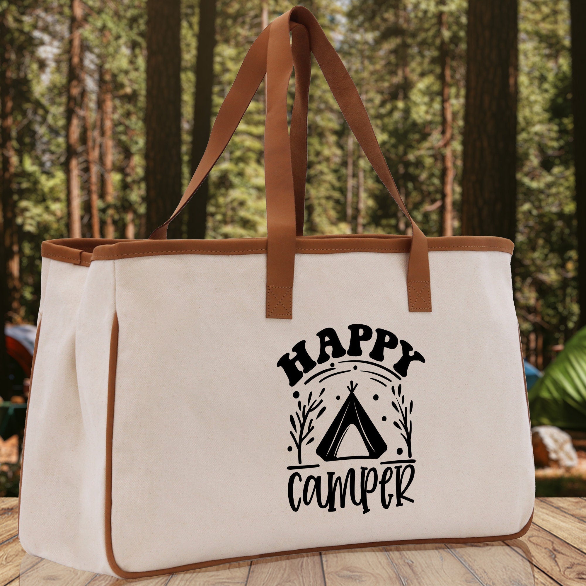 Happy Camper Cotton Canvas Chic Tote Bag Camping Tote Camping Lover Gift Tote Bag Outdoor Tote Weekender Tote Camper Tote Multipurpose Tote - Aaria Tees Aaria Tees