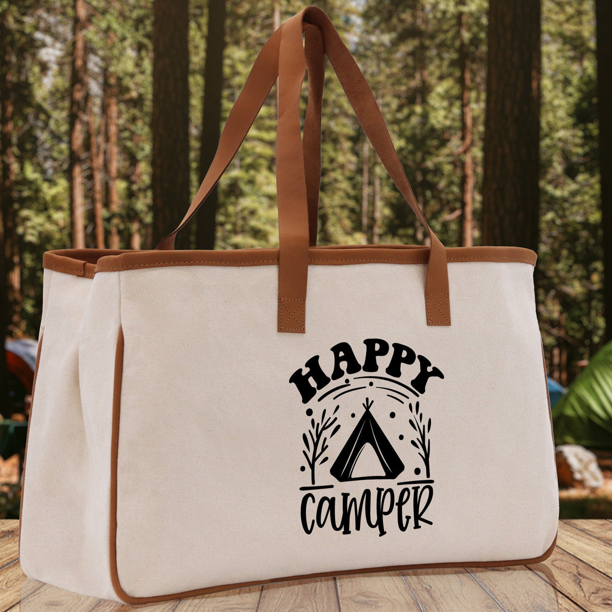 Happy Camper Cotton Canvas Chic Tote Bag Camping Tote Camping Lover Gift Tote Bag Outdoor Tote Weekender Tote Camper Tote Multipurpose Tote - Aaria Tees