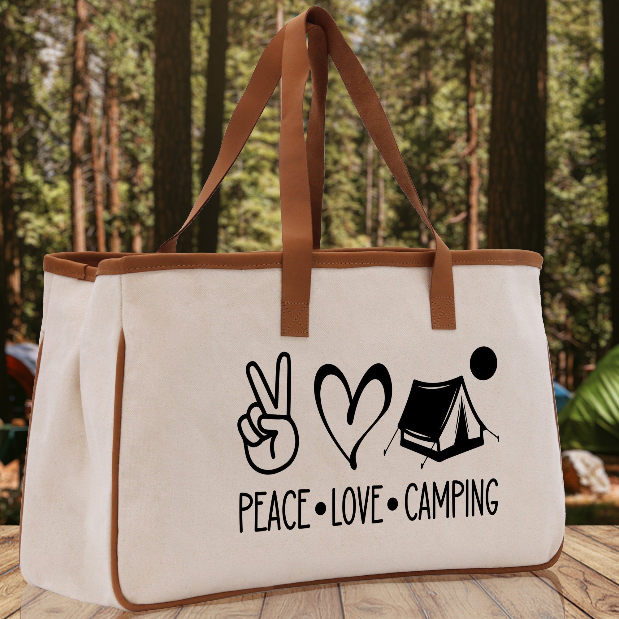 Peace Love Camping Cotton Canvas Chic Tote Bag Camping Tote Camping Lover Gift Tote Bag Outdoor Tote Weekender Tote Multipurpose Camper Tote - Aaria Tees Aaria Tees