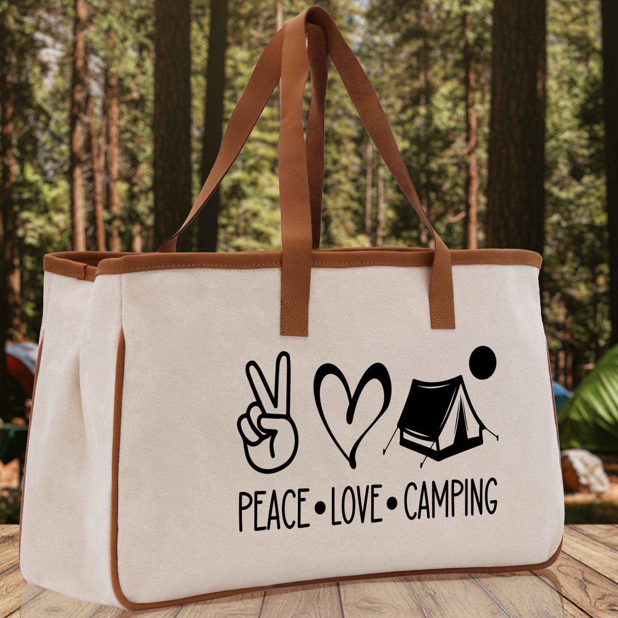 Peace Love Camping Cotton Canvas Chic Tote Bag Camping Tote Camping Lover Gift Tote Bag Outdoor Tote Weekender Tote Multipurpose Camper Tote - Aaria Tees Aaria Tees
