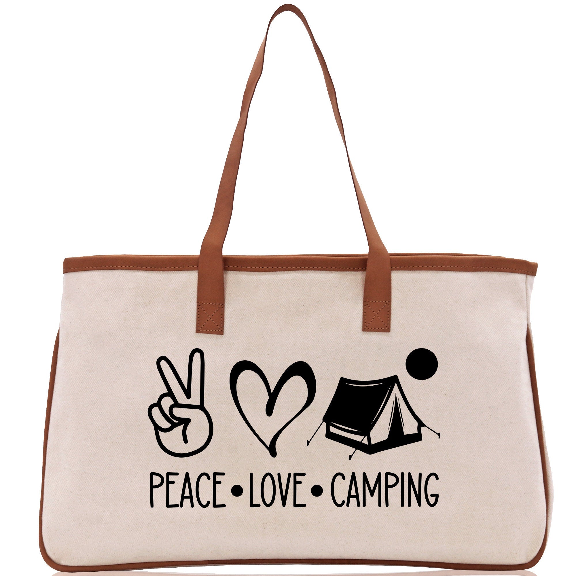 Peace Love Camping Cotton Canvas Chic Tote Bag Camping Tote Camping Lover Gift Tote Bag Outdoor Tote Weekender Tote Multipurpose Camper Tote - Aaria Tees Aaria Tees