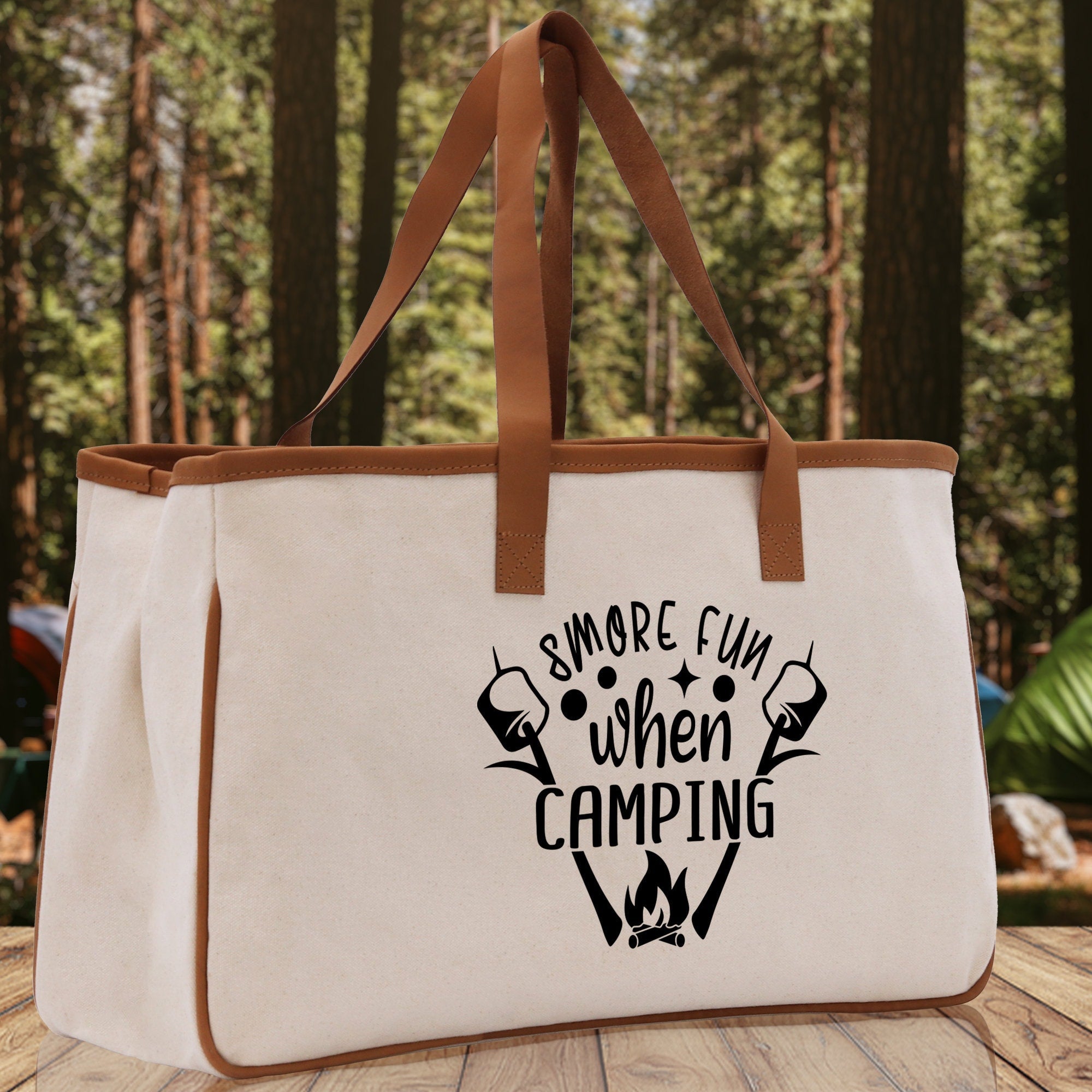 Smore Fun When Camping Cotton Canvas Chic Tote Bag Camping Tote Camping Lover Gift Tote Bag Outdoor Tote Weekender Tote Camper Tote - Aaria Tees Aaria Tees