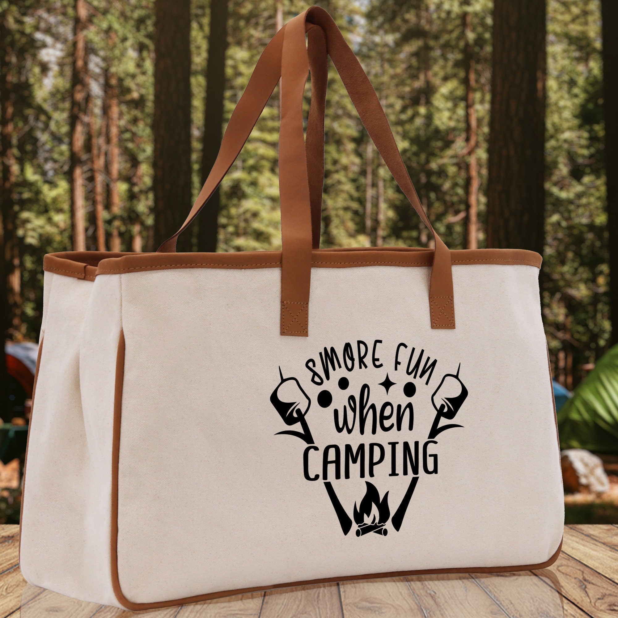 Smore Fun When Camping Cotton Canvas Chic Tote Bag Camping Tote Camping Lover Gift Tote Bag Outdoor Tote Weekender Tote Camper Tote - Aaria Tees Aaria Tees