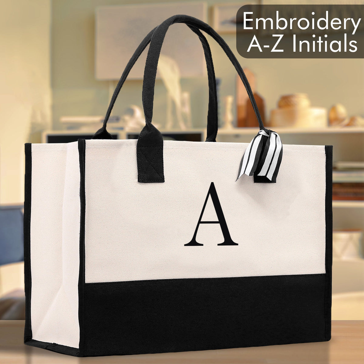 Personalized Cotton Canvas Beach Tote Bag Monogram Tote Bag Initial Canvas Tote Bridesmaid Gift Tote Custom Beach Bag Gift for Her A-Z - Aaria Tees