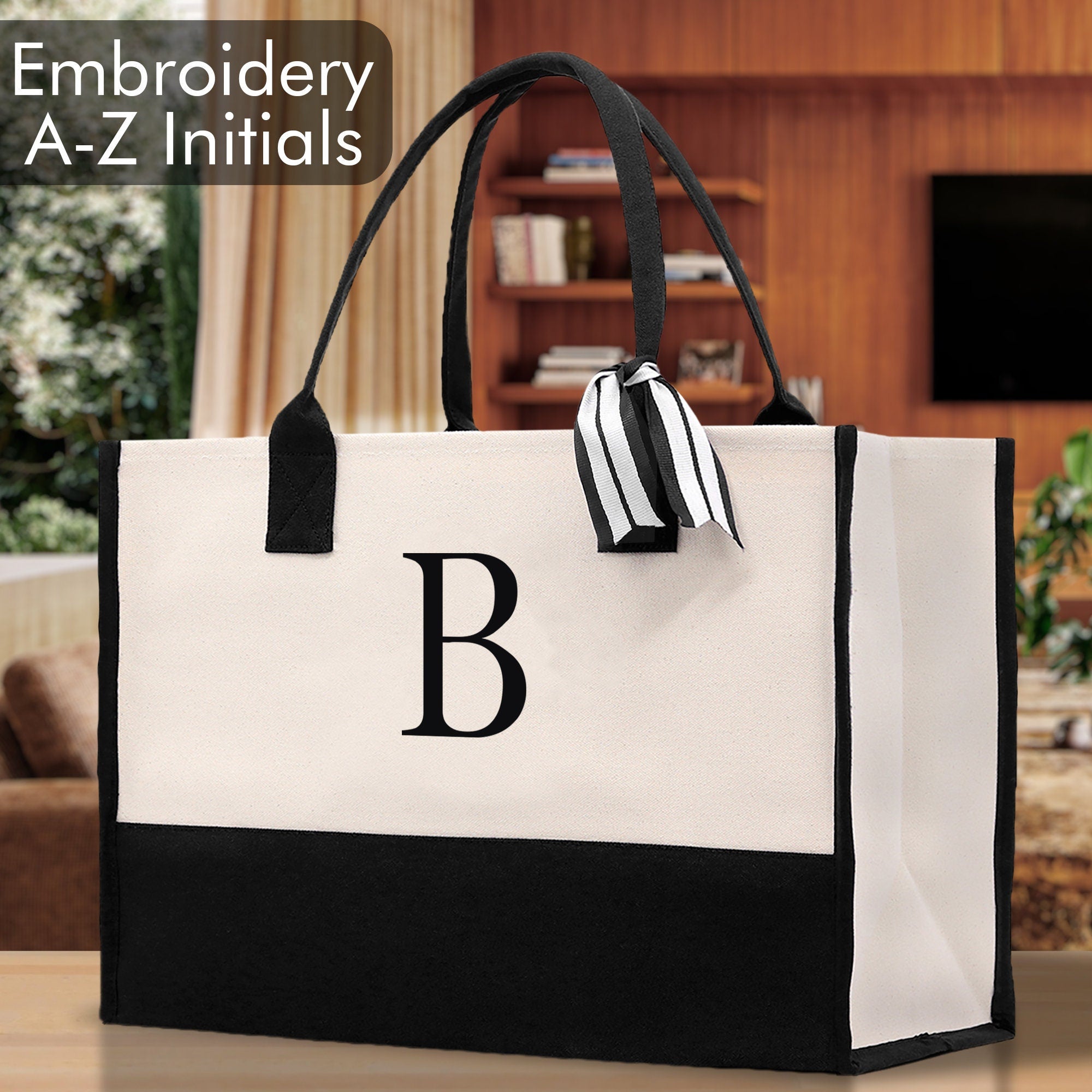 Personalized Cotton Canvas Beach Tote Bag Monogram Tote Bag Initial Canvas Tote Bridesmaid Gift Tote Custom Beach Bag Gift for Her A-Z - Aaria Tees Aaria Tees