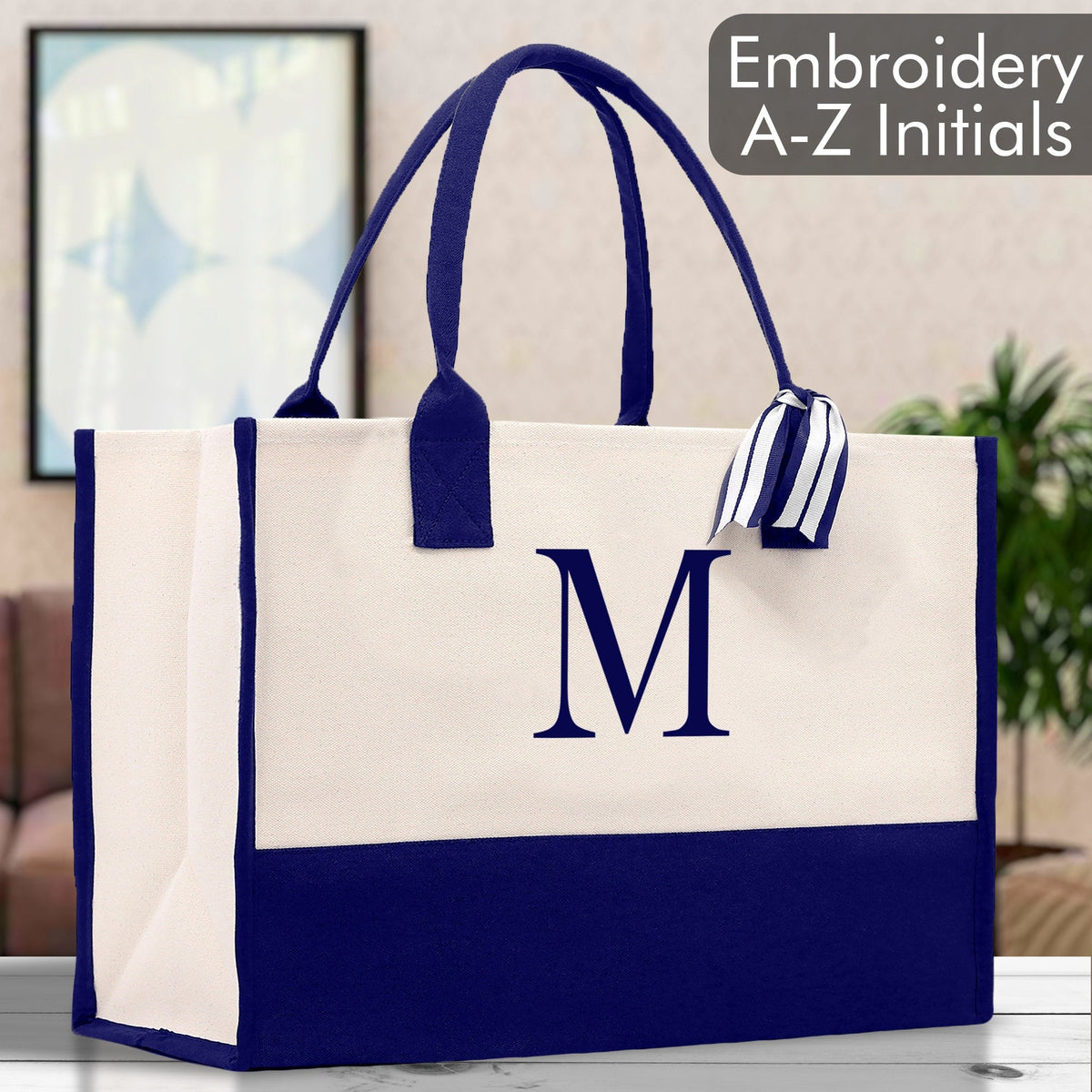 Personalized Cotton Canvas Beach Tote Bag Monogram Tote Bag Initial Canvas Tote Bridesmaid Gift Tote Custom Beach Bag Gift for Her A-Z - Aaria Tees