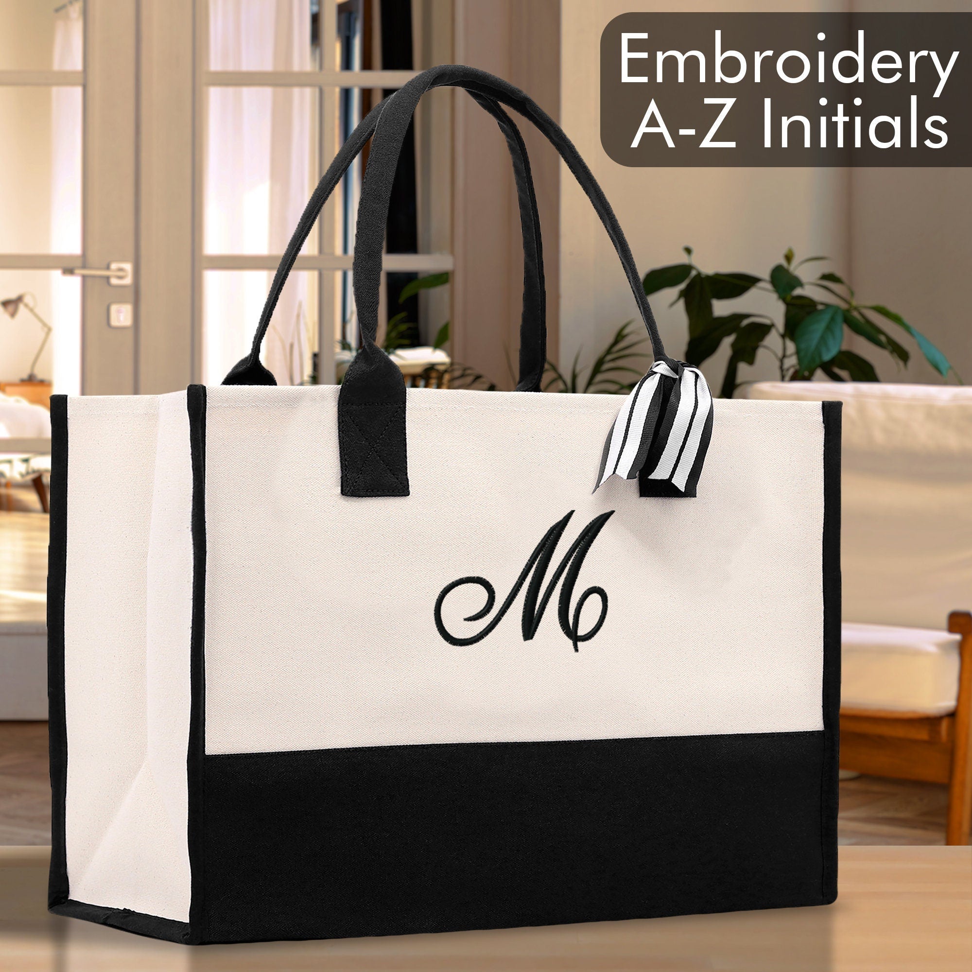 Personalized Cotton Canvas Beach Tote Bag Monogram Tote Bag Initial Canvas Tote Bridesmaid Gift Tote Custom Beach Bag Gift for Her A-Z - Aaria Tees Aaria Tees