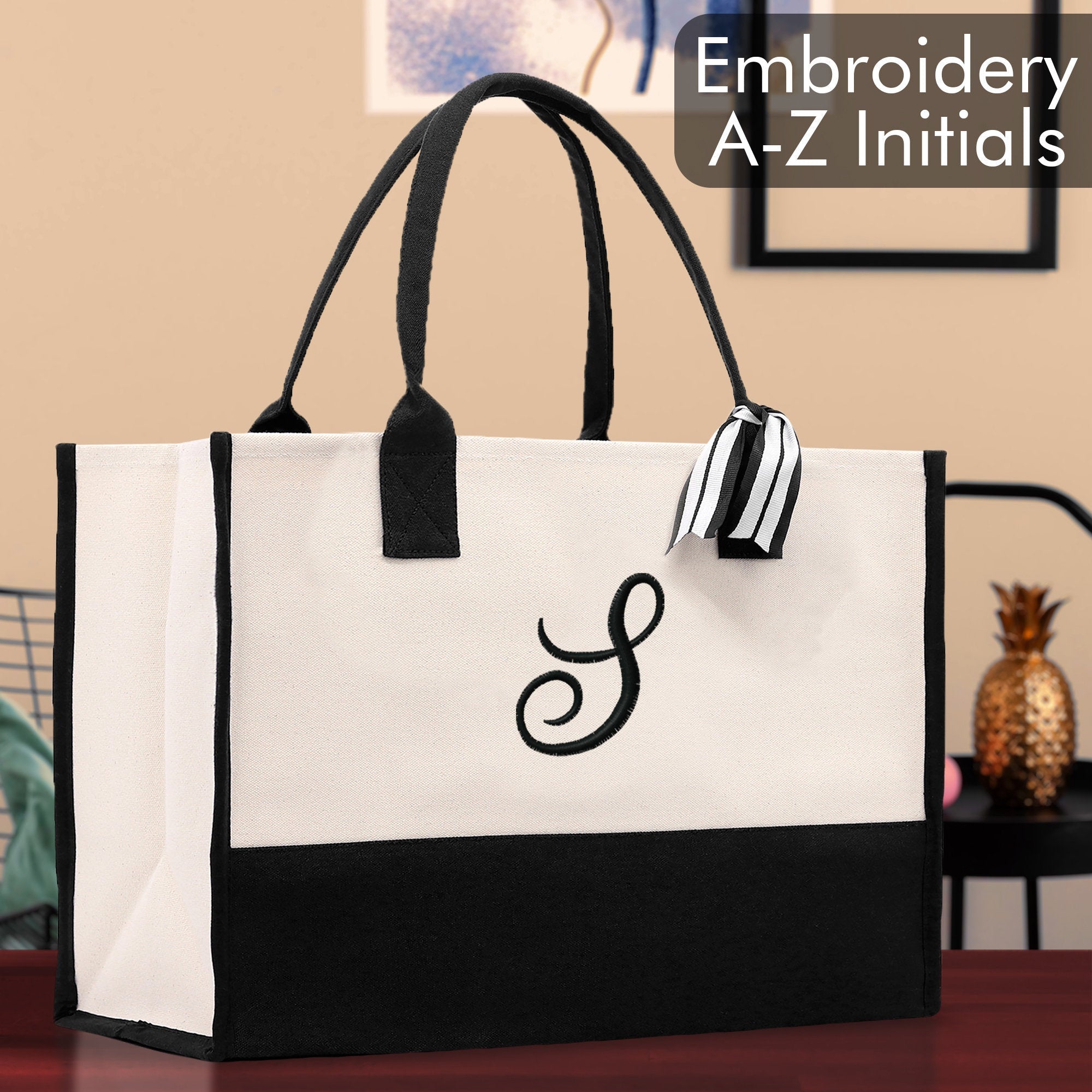 Personalized Cotton Canvas Beach Tote Bag Monogram Tote Bag Initial Canvas Tote Bridesmaid Gift Tote Custom Beach Bag Gift for Her A-Z - Aaria Tees Aaria Tees