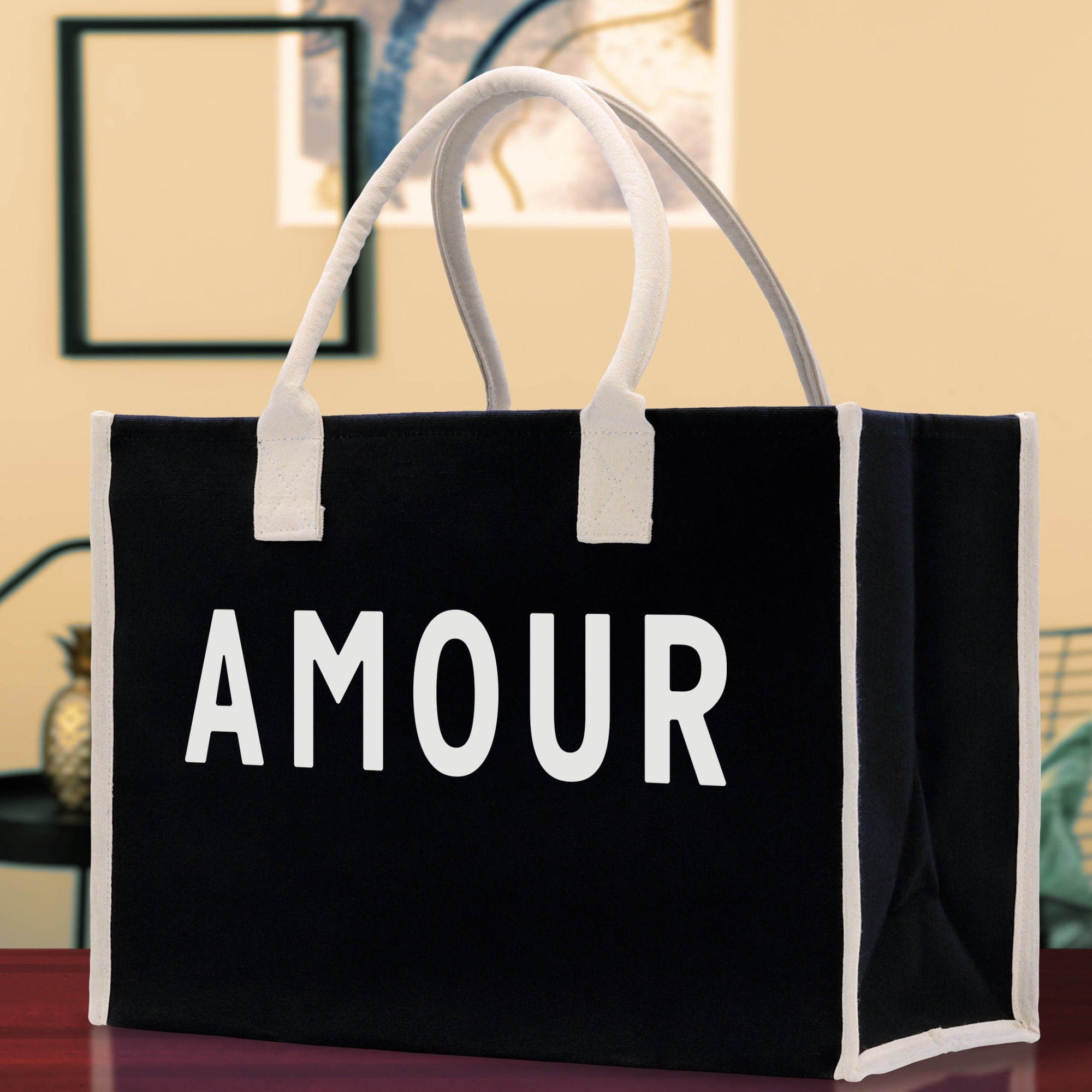 Amour Cotton Canvas Chic Beach Tote Bag Multipurpose Tote Weekender Tote Gift for Her Outdoor Tote Vacation Tote Large Beach Bag - Aaria Tees Aaria Tees
