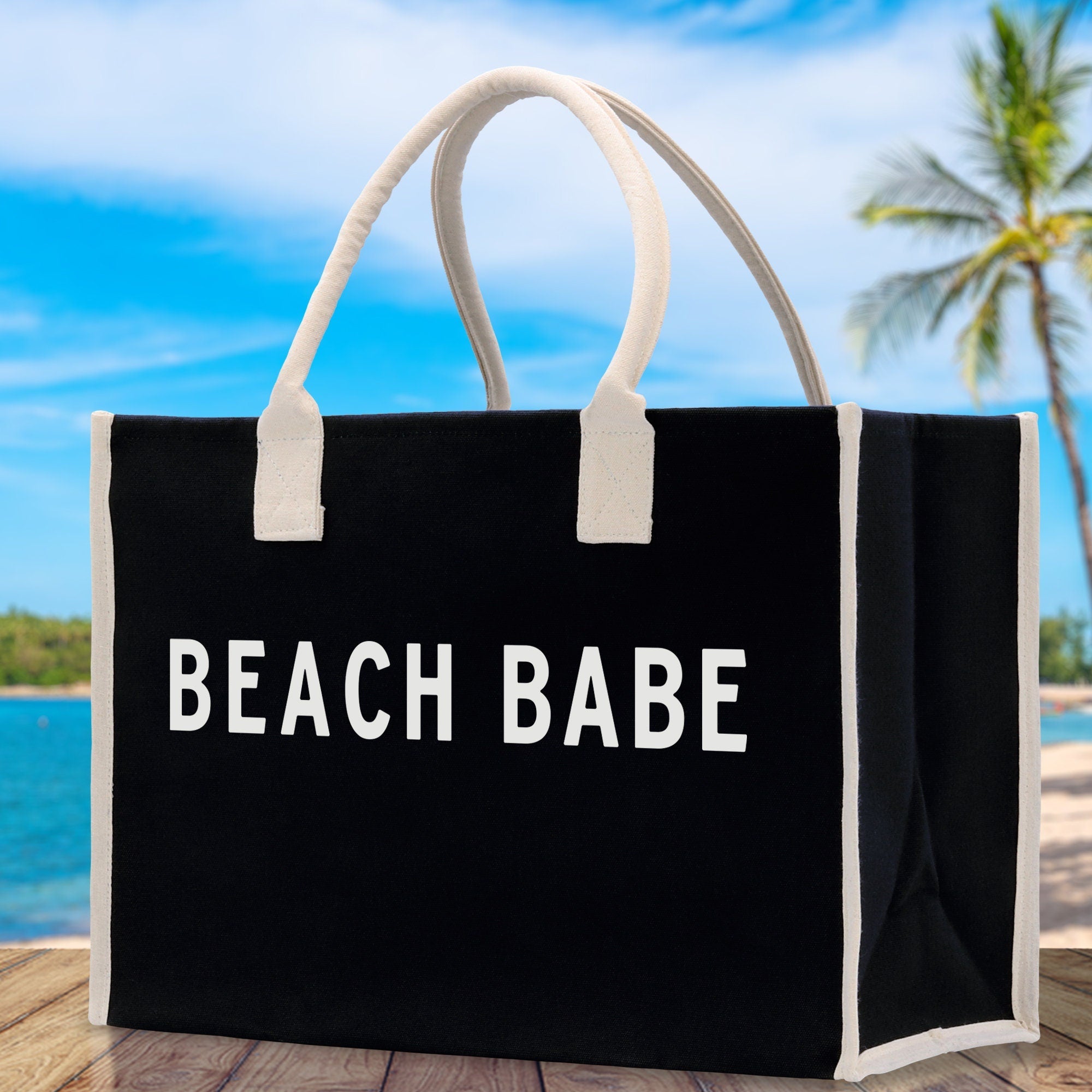 Beach Babe Cotton Canvas Chic Beach Tote Bag Multipurpose Tote Weekender Tote Gift for Her Outdoor Tote Vacation Tote Large Beach Bag - Aaria Tees Aaria Tees