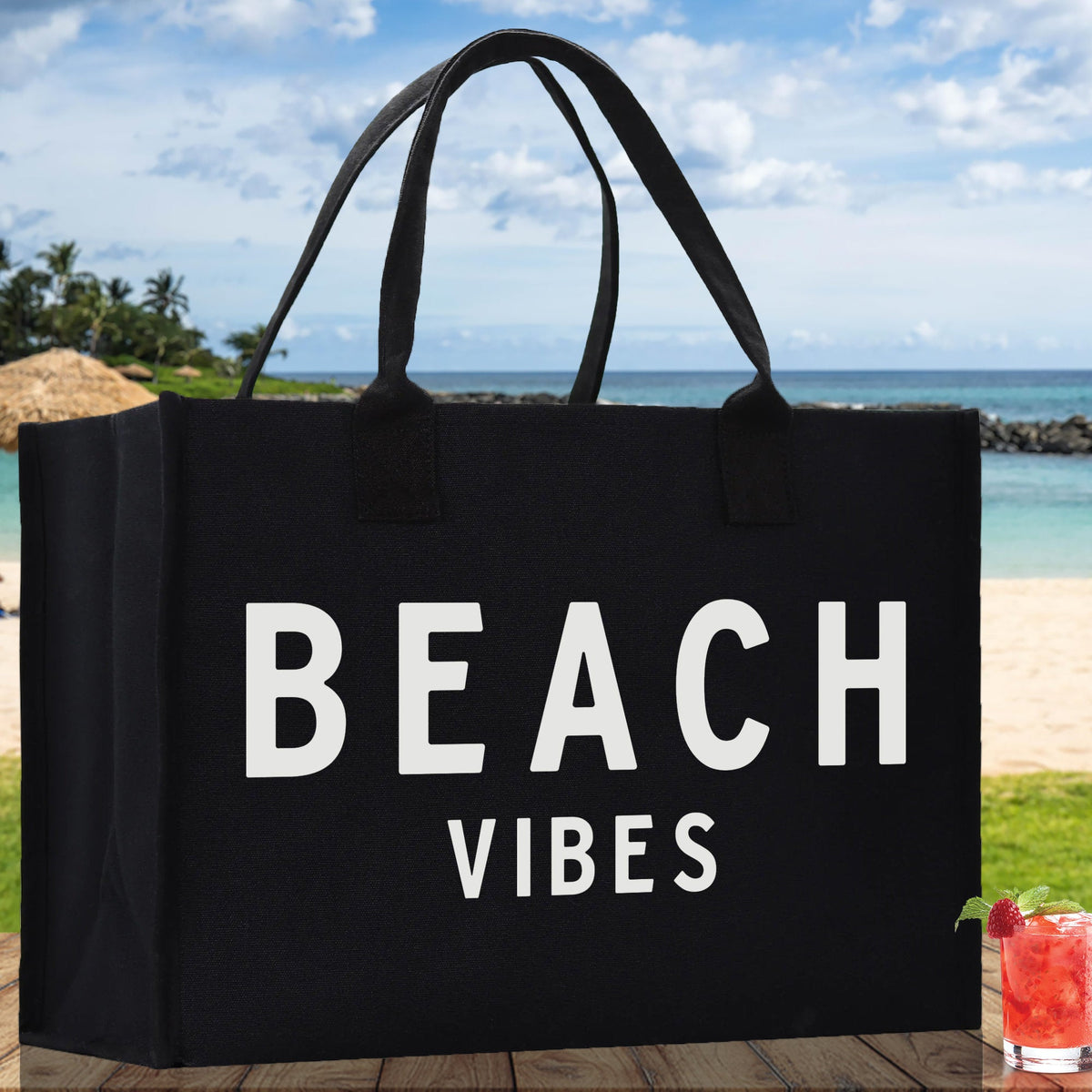 Beach Vibes Cotton Canvas Chic Beach Tote Bag Multipurpose Tote Weekender Tote Gift for Her Outdoor Tote Vacation Tote Large Beach Bag - Aaria Tees