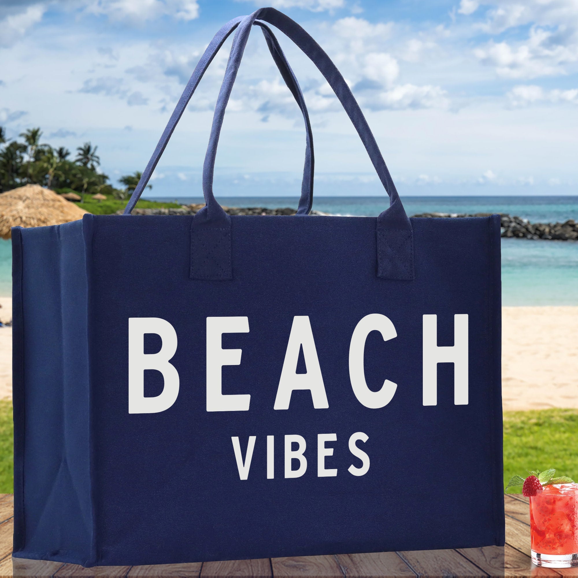 Beach Vibes Cotton Canvas Chic Beach Tote Bag Multipurpose Tote Weekender Tote Gift for Her Outdoor Tote Vacation Tote Large Beach Bag - Aaria Tees Aaria Tees