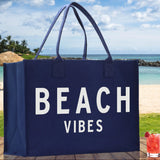 Beach Vibes Cotton Canvas Chic Beach Tote Bag Multipurpose Tote Weekender Tote Gift for Her Outdoor Tote Vacation Tote Large Beach Bag - Aaria Tees Aaria Tees