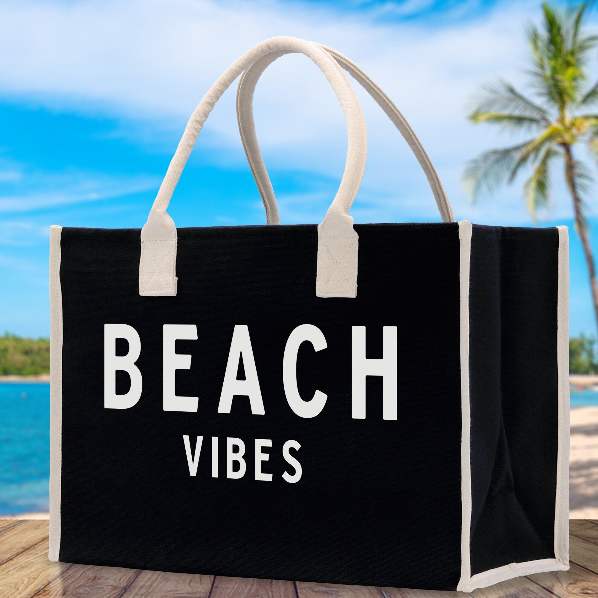 Beach Vibes Cotton Canvas Chic Beach Tote Bag Multipurpose Tote Weekender Tote Gift for Her Outdoor Tote Vacation Tote Large Beach Bag - Aaria Tees Aaria Tees