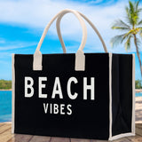 Beach Vibes Cotton Canvas Chic Beach Tote Bag Multipurpose Tote Weekender Tote Gift for Her Outdoor Tote Vacation Tote Large Beach Bag - Aaria Tees Aaria Tees